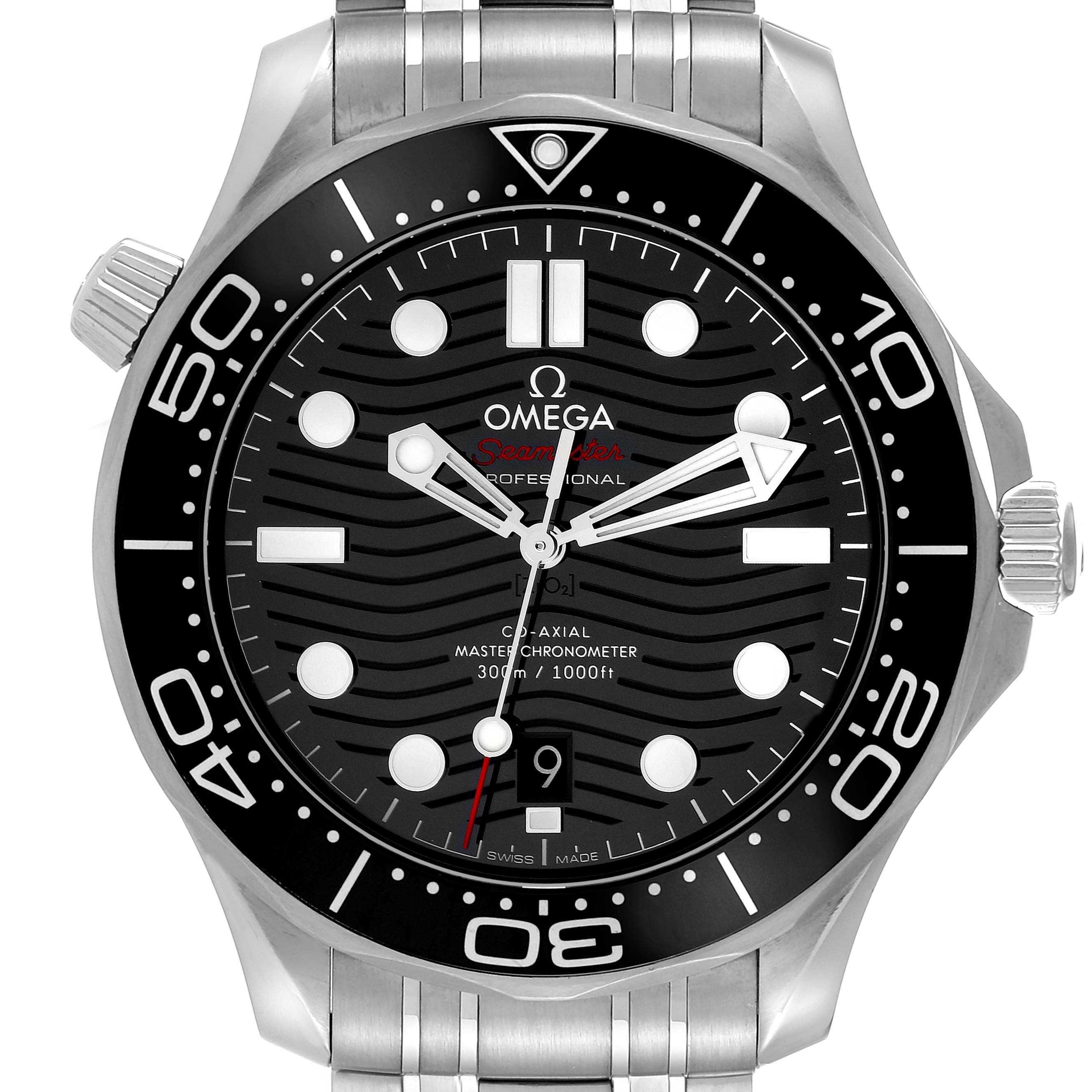 The image shows a front view of the Omega Seamaster 210.30.42.20.01.001 Men
s Stainless Steel Black Dial 210.30.42.20.01.001 Men
s Stainless Steel Black Dial watch, highlighting the dial, bezel, and part of the stainless steel bracelet.