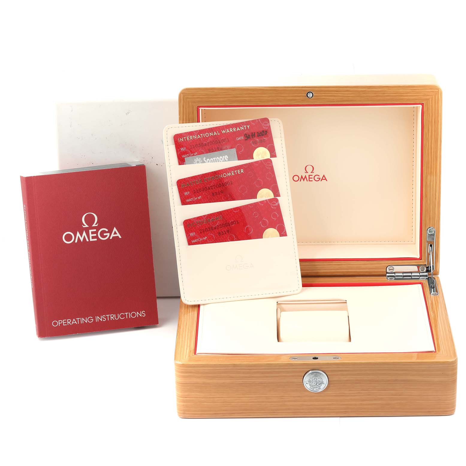 The image shows the accessories for an Omega Seamaster 210.30.42.20.01.001 Men
s Stainless Steel Black Dial 210.30.42.20.01.001 Men
s Stainless Steel Black Dial watch, including a wooden box, warranty cards, and an operating instructions booklet.