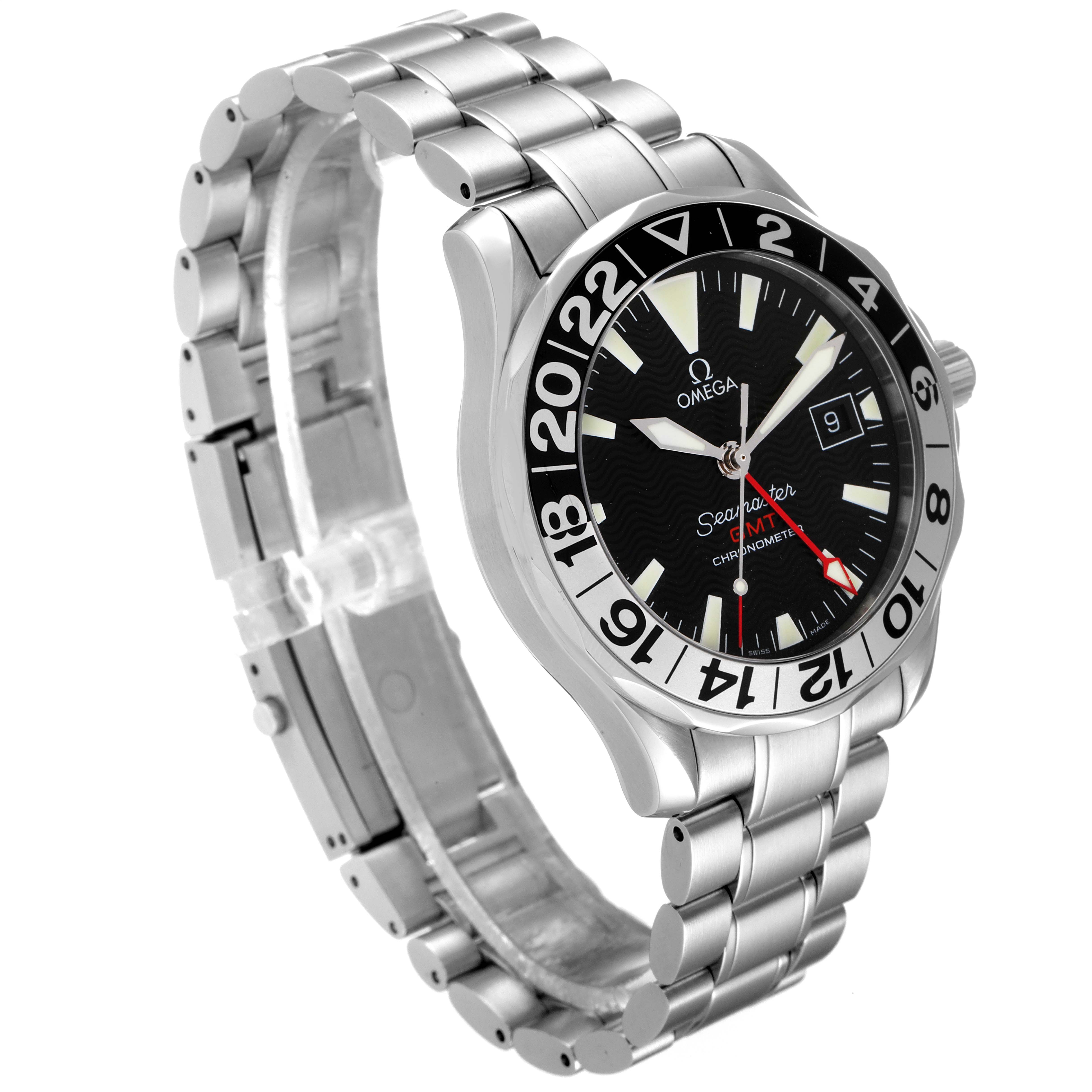 The image shows an Omega Seamaster 2234.50.00 Men's Stainless Steel Black Dial 2234.50.00 Men's Stainless Steel Black Dial watch from a front-right angle, highlighting its bracelet, bezel, dial, and crown.