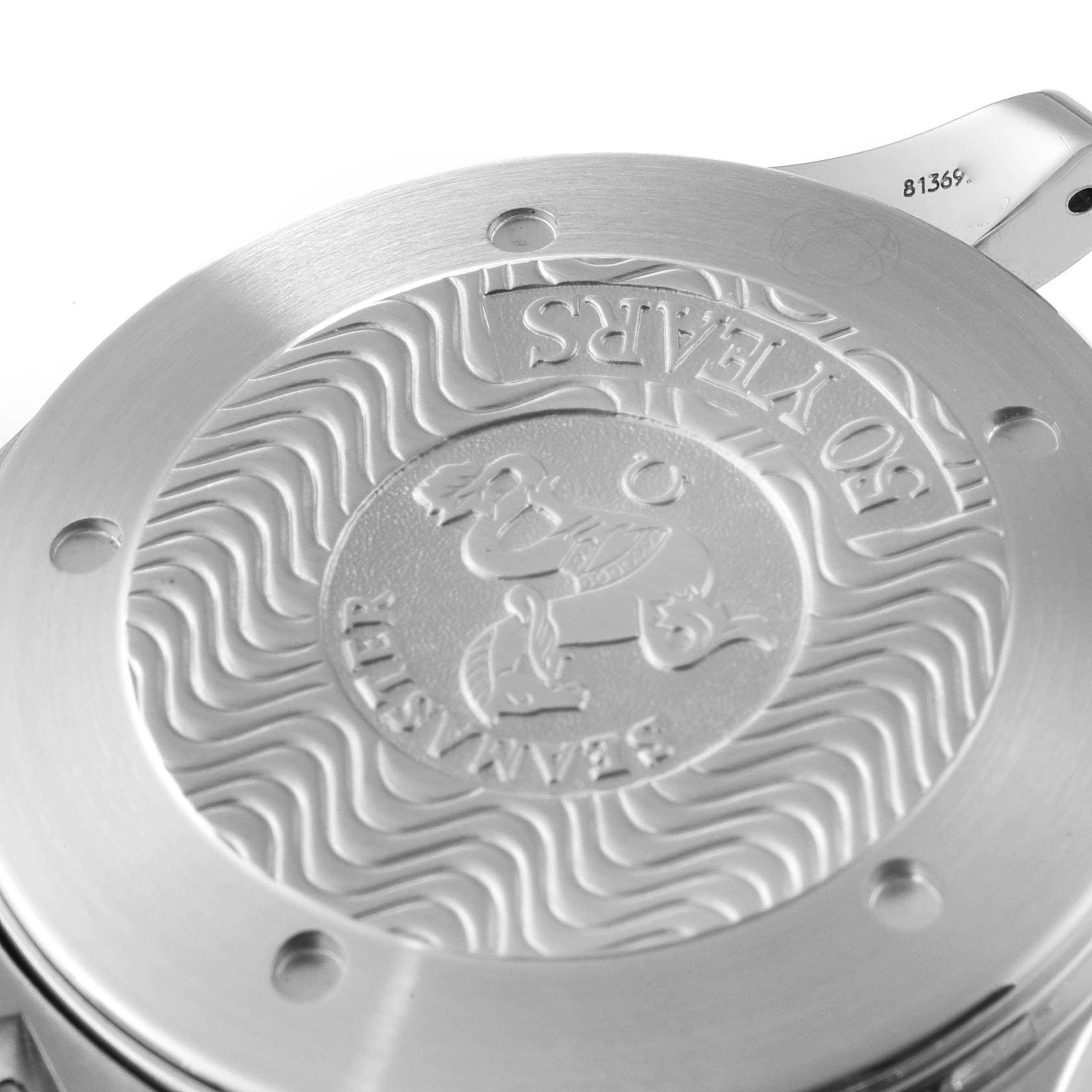 This image shows the engraved case back of an Omega Seamaster 2234.50.00 Men's Stainless Steel Black Dial 2234.50.00 Men's Stainless Steel Black Dial watch at a close-up angle.