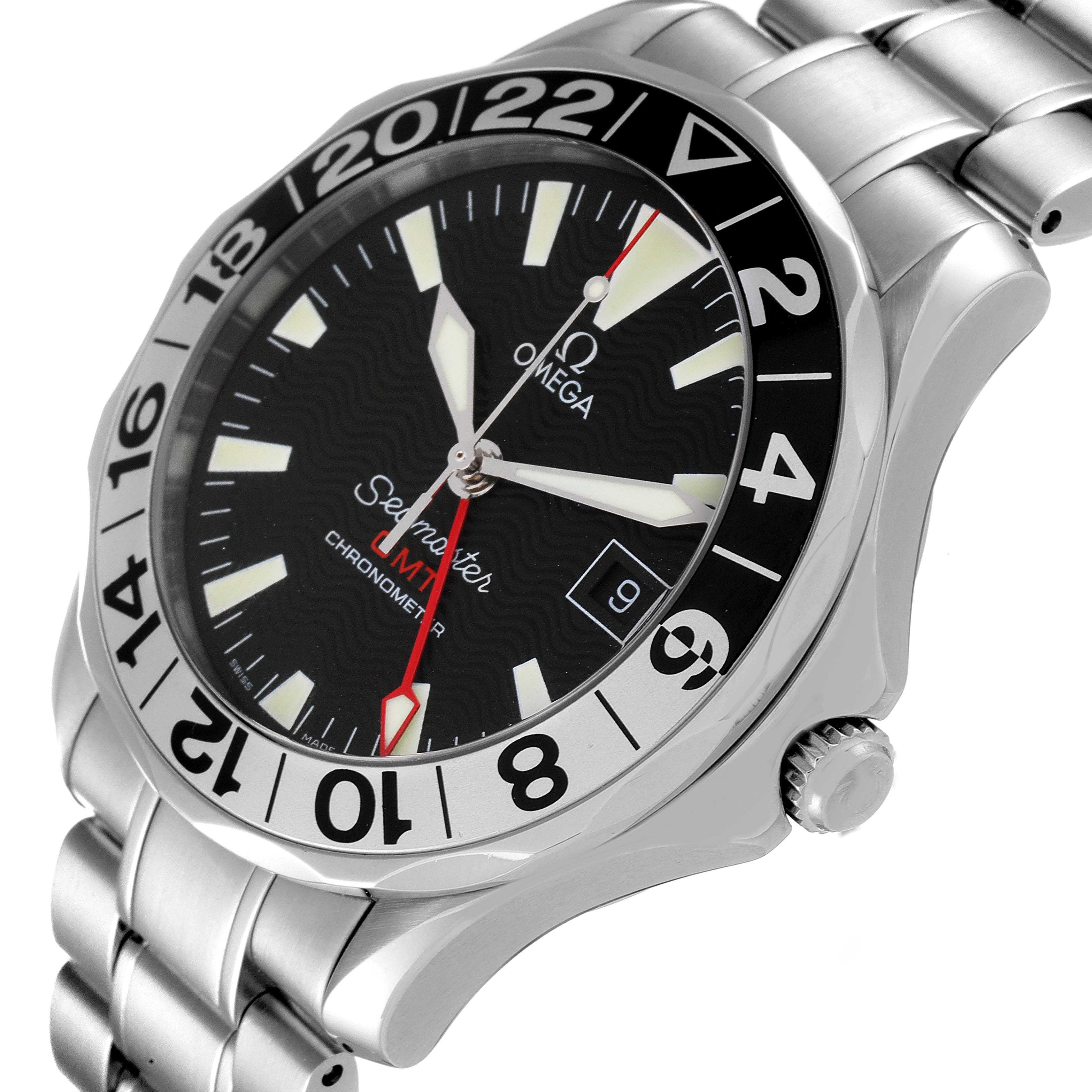 The image shows an angled view of an Omega Seamaster 2234.50.00 Men's Stainless Steel Black Dial 2234.50.00 Men's Stainless Steel Black Dial model watch, highlighting the dial, bezel, and portion of the bracelet.
