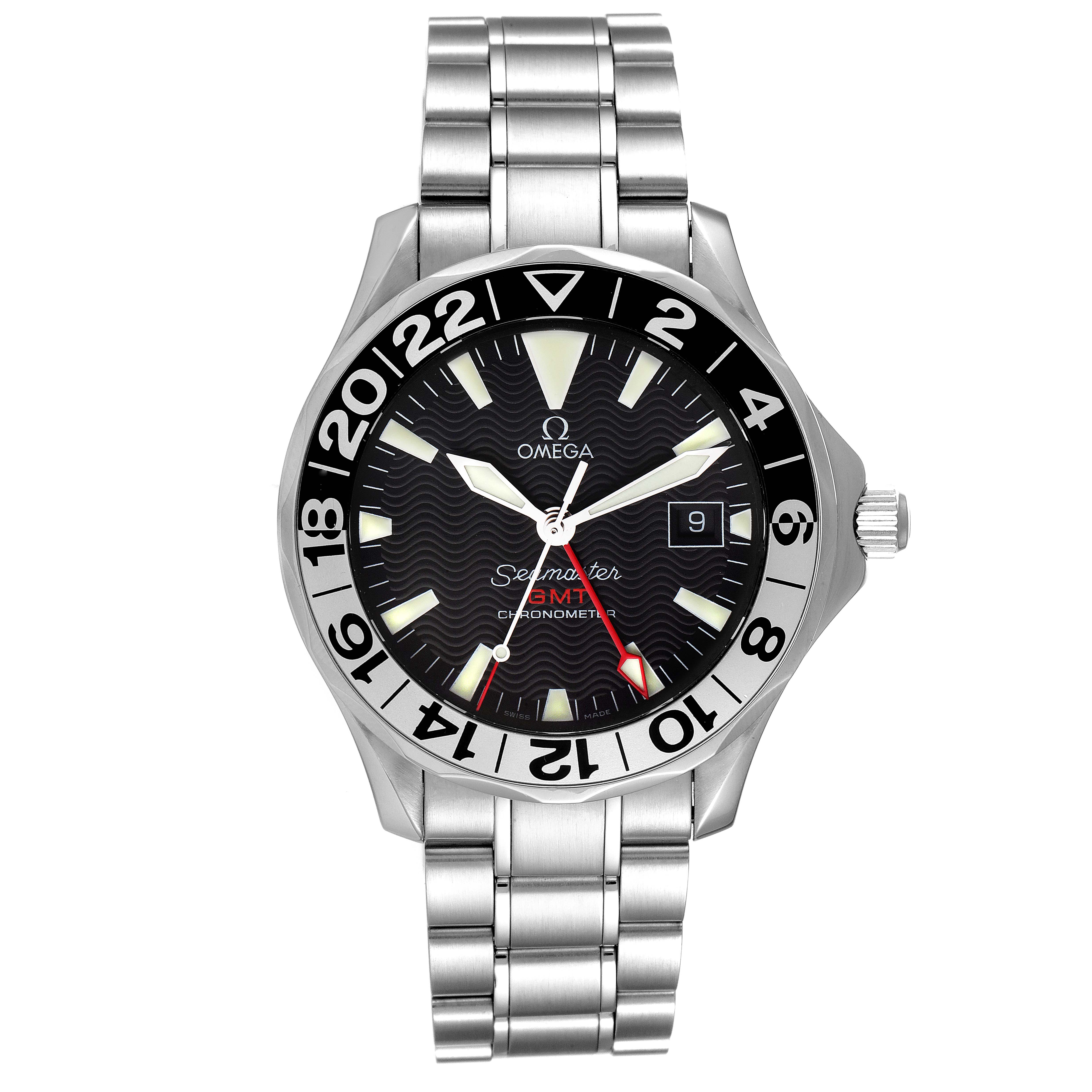 The Omega Seamaster 2234.50.00 Men's Stainless Steel Black Dial 2234.50.00 Men's Stainless Steel Black Dial watch is shown from a frontal angle, displaying the dial, bezel, and metal bracelet.