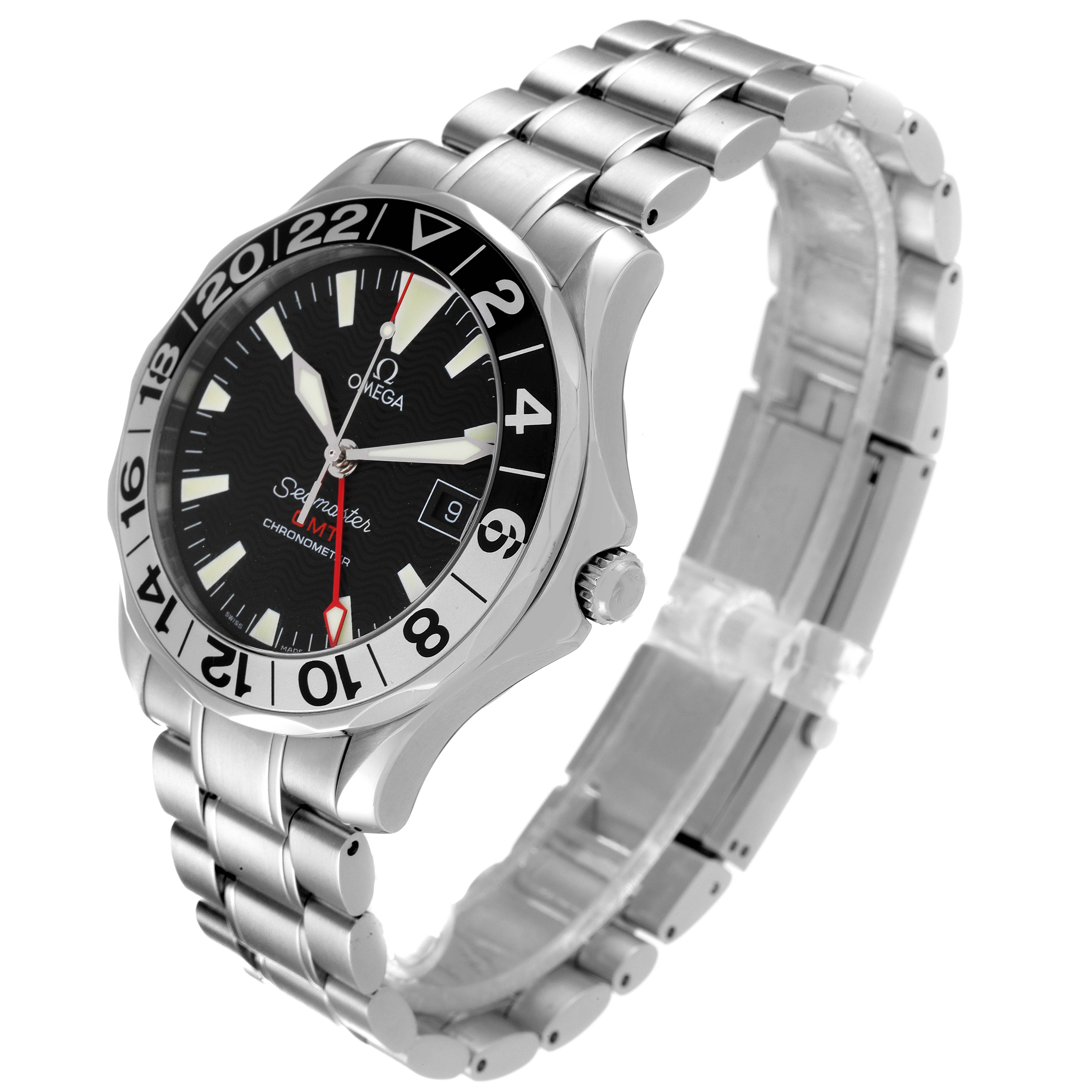 The Omega Seamaster 2234.50.00 Men's Stainless Steel Black Dial 2234.50.00 Men's Stainless Steel Black Dial watch is shown at a three-quarter angle, displaying the face, bezel, crown, and metal bracelet.