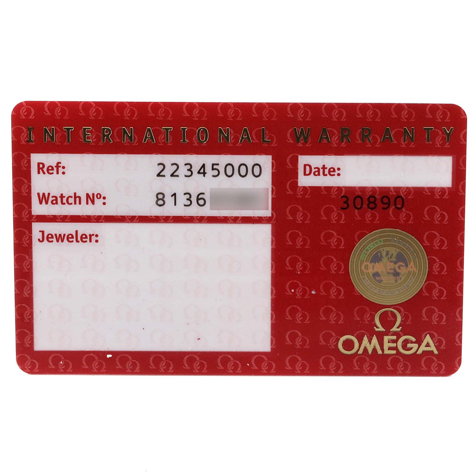 This image shows the International Warranty card for the Omega Seamaster 2234.50.00 Men's Stainless Steel Black Dial 2234.50.00 Men's Stainless Steel Black Dial watch model.
