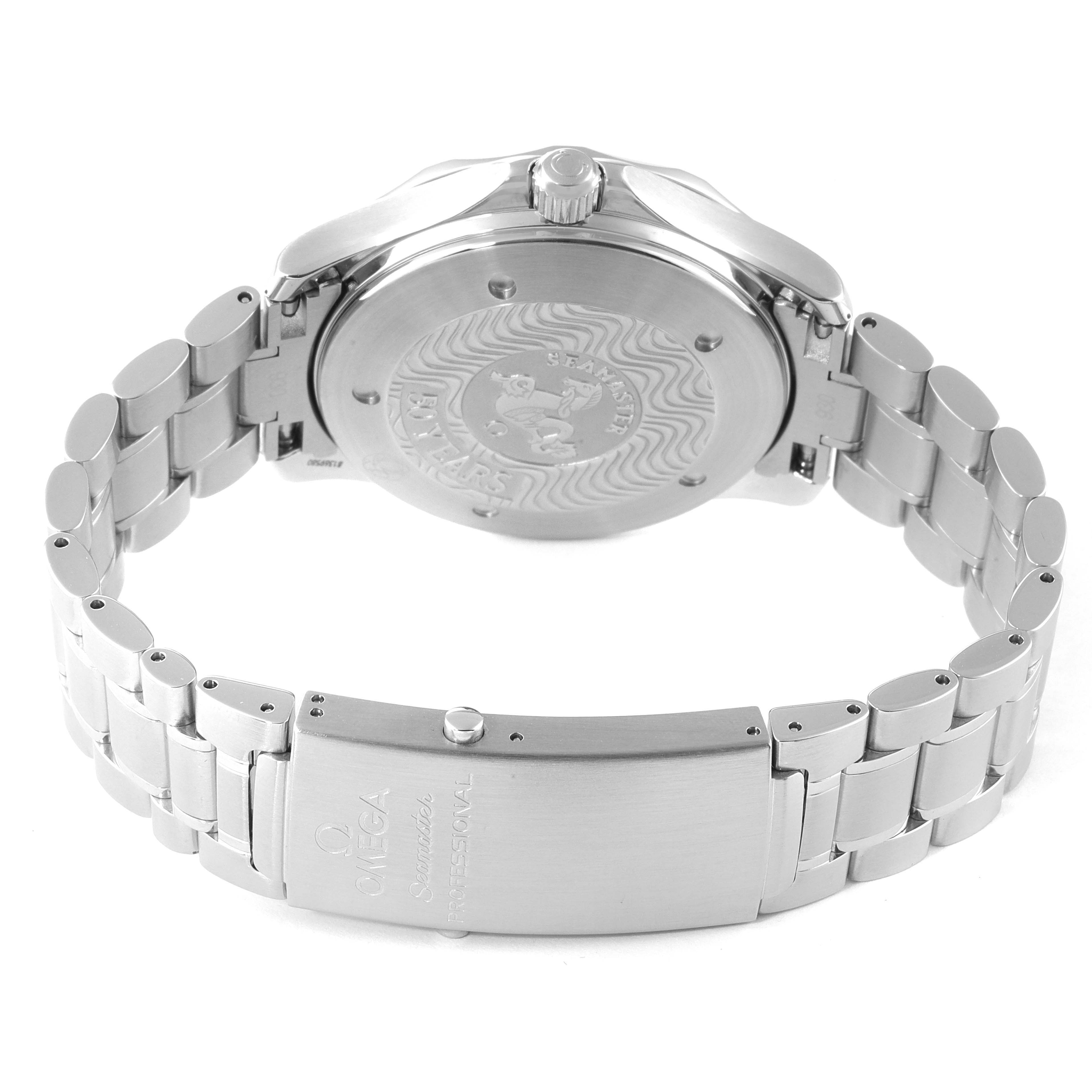 This image shows the backside and clasp of an Omega Seamaster 2234.50.00 Men's Stainless Steel Black Dial 2234.50.00 Men's Stainless Steel Black Dial watch, highlighting the case back and metal bracelet.