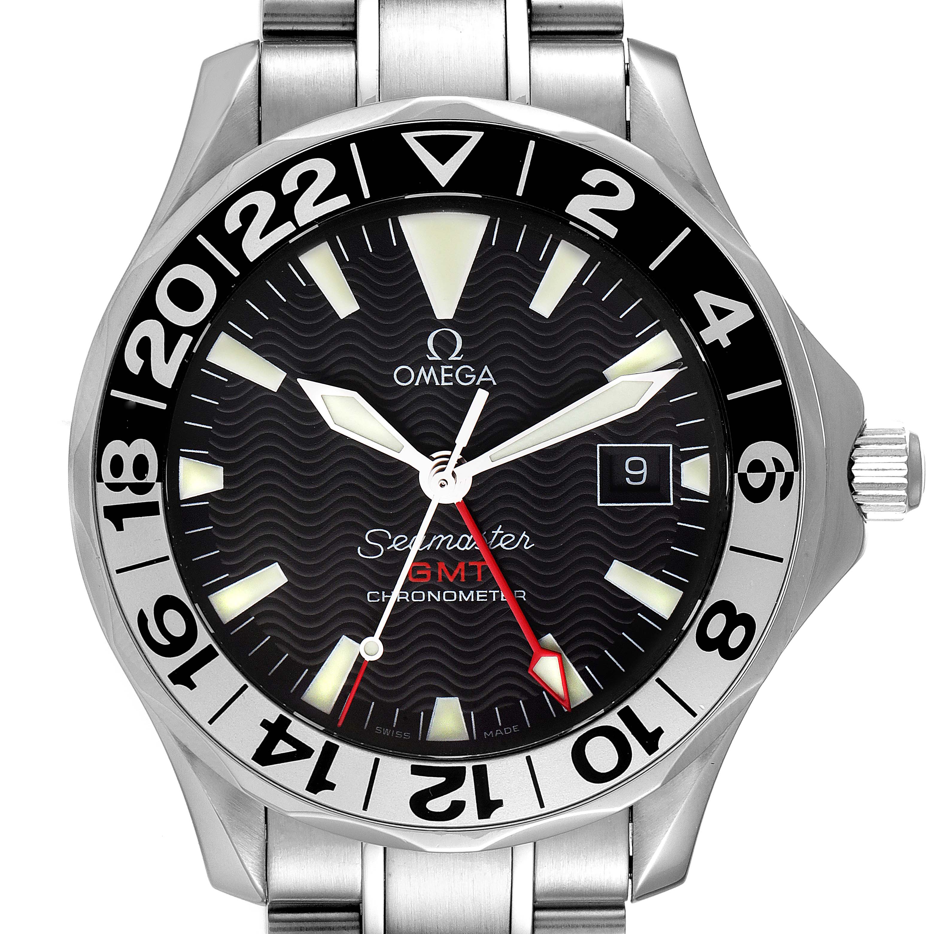 This Omega Seamaster 2234.50.00 Men's Stainless Steel Black Dial 2234.50.00 Men's Stainless Steel Black Dial model watch is shown from a front angle, displaying the bezel, dial, hands, date window, and part of the bracelet.