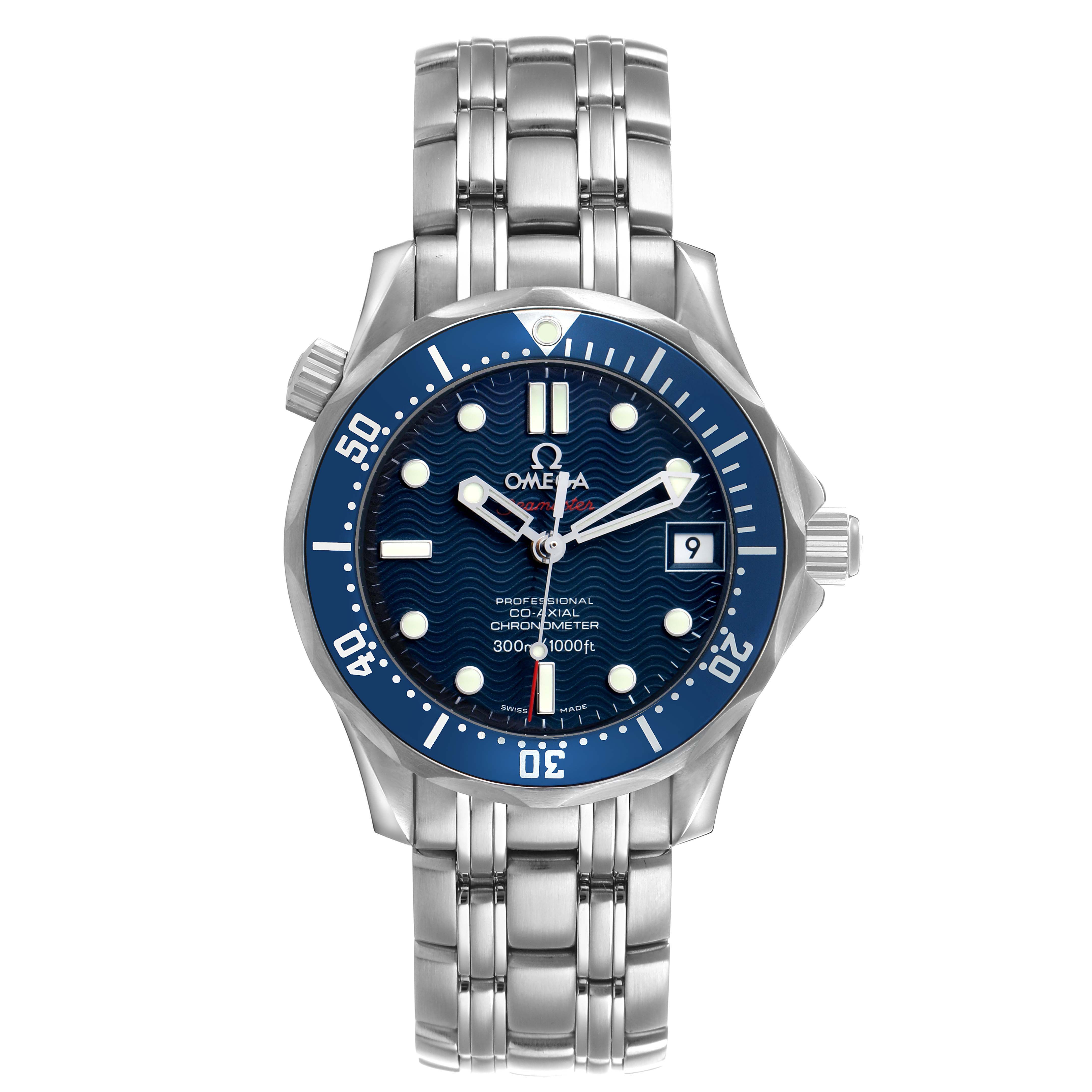 The Omega Seamaster 2222.80.00 Men's Stainless Steel Blue Dial watch is shown from a front angle, displaying its face, bezel, and bracelet.