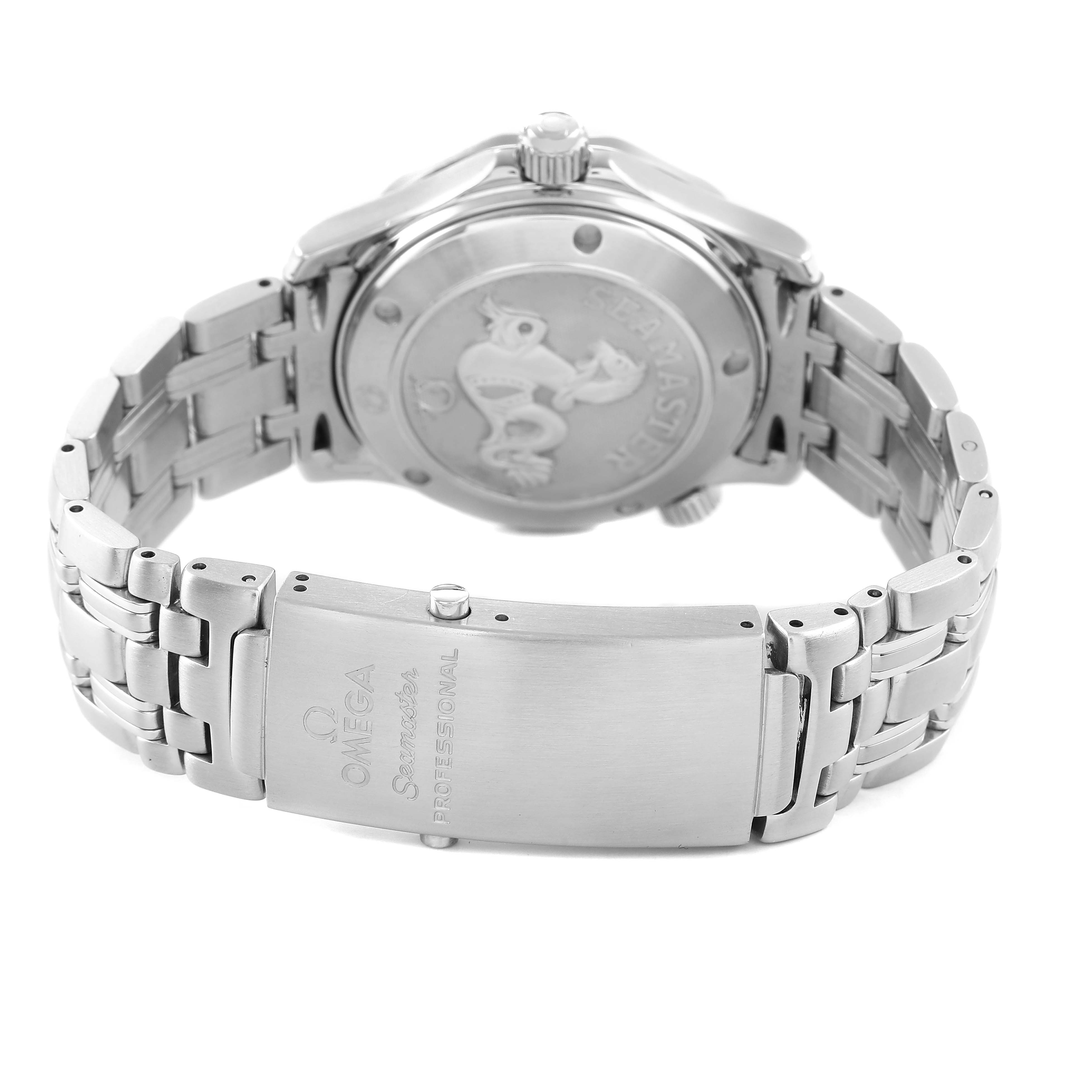 The Omega Seamaster 2222.80.00 Men's Stainless Steel Blue Dial watch is shown from the back, displaying the clasp, bracelet, and case back.