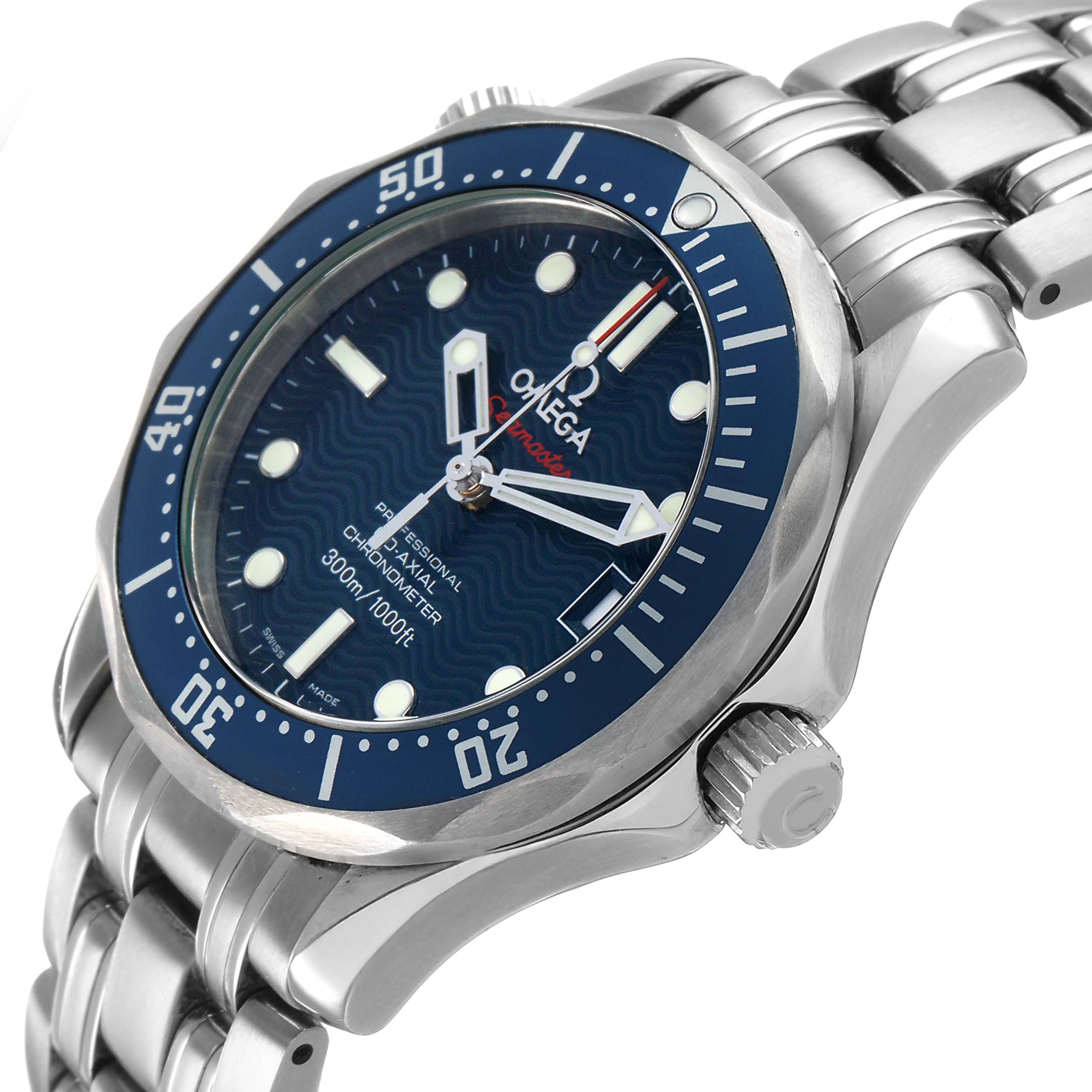 The image shows an Omega Seamaster 2222.80.00 Men's Stainless Steel Blue Dial watch at a three-quarter angle, highlighting the bezel, dial, crown, and metal bracelet.