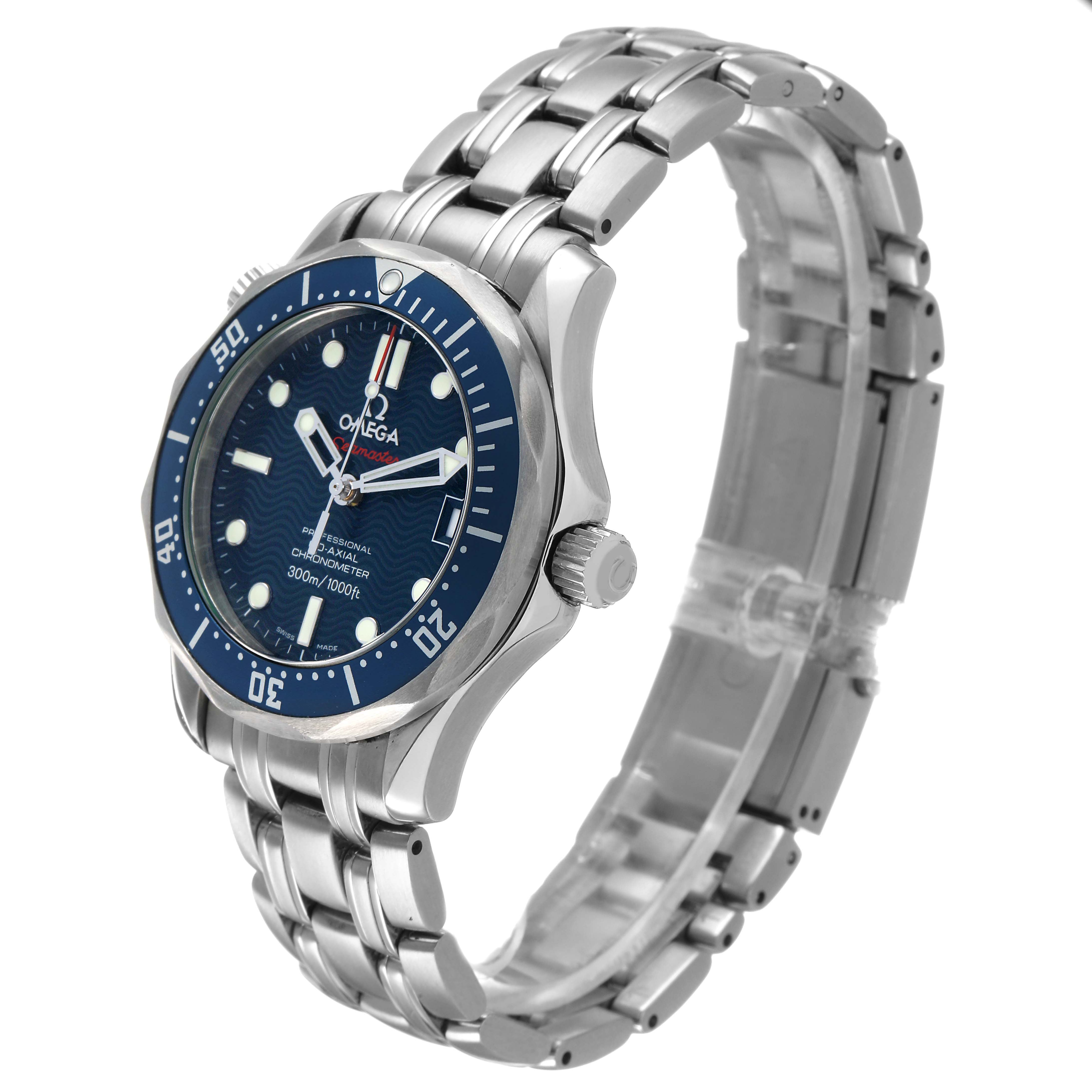 The image shows a side and front view of an Omega Seamaster 2222.80.00 Men's Stainless Steel Blue Dial, highlighting the bracelet, bezel, and crown.