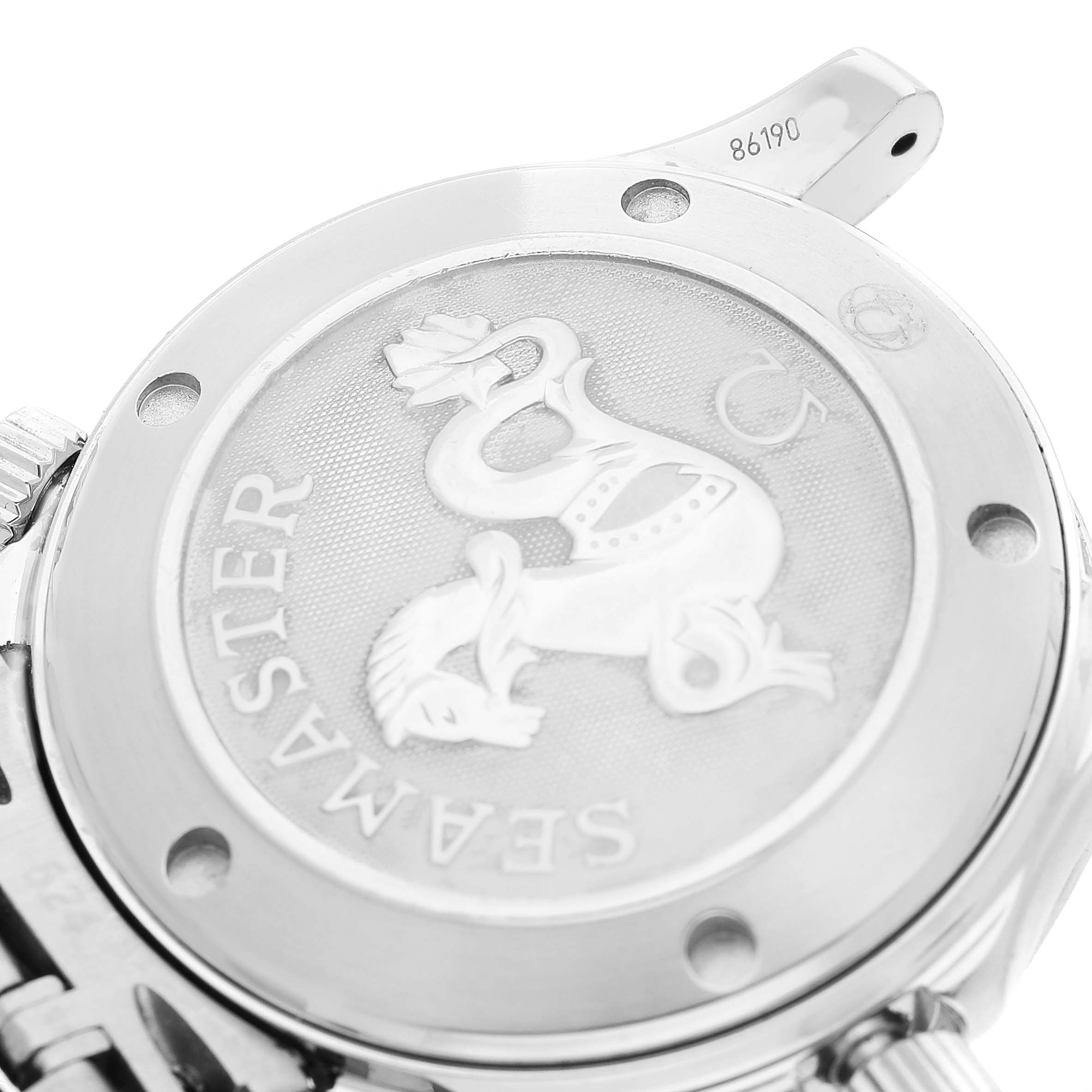 The image shows a close-up of the case back of an Omega Seamaster 2222.80.00 Men's Stainless Steel Blue Dial watch, highlighting the embossed logo and text.