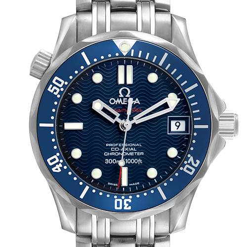 The Omega Seamaster 2222.80.00 Men's Stainless Steel Blue Dial watch is shown in a close-up, featuring the dial, bezel, crown, and part of the bracelet.