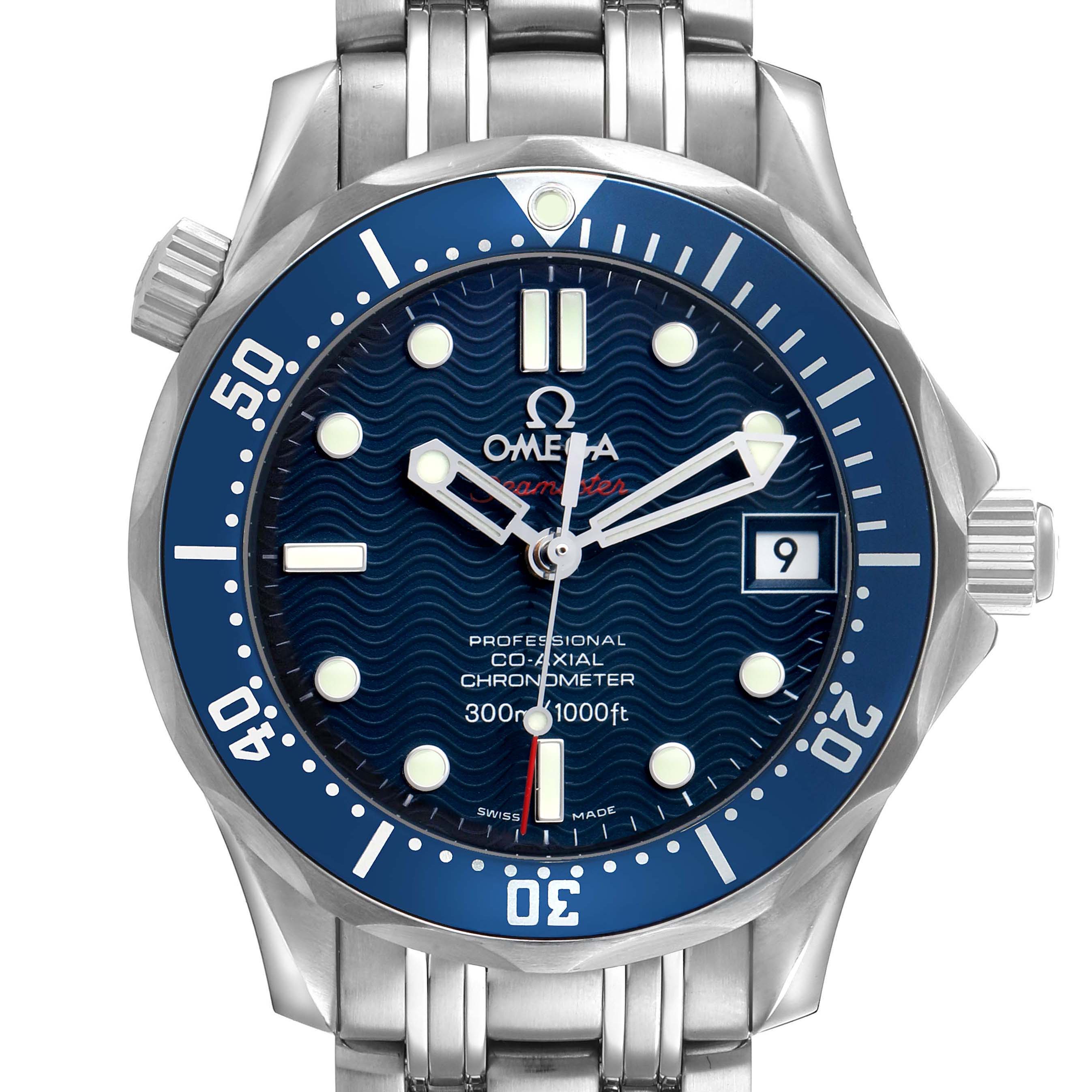The Omega Seamaster 2222.80.00 Men's Stainless Steel Blue Dial watch is shown from the front, highlighting its dial, bezel, and portion of the bracelet.