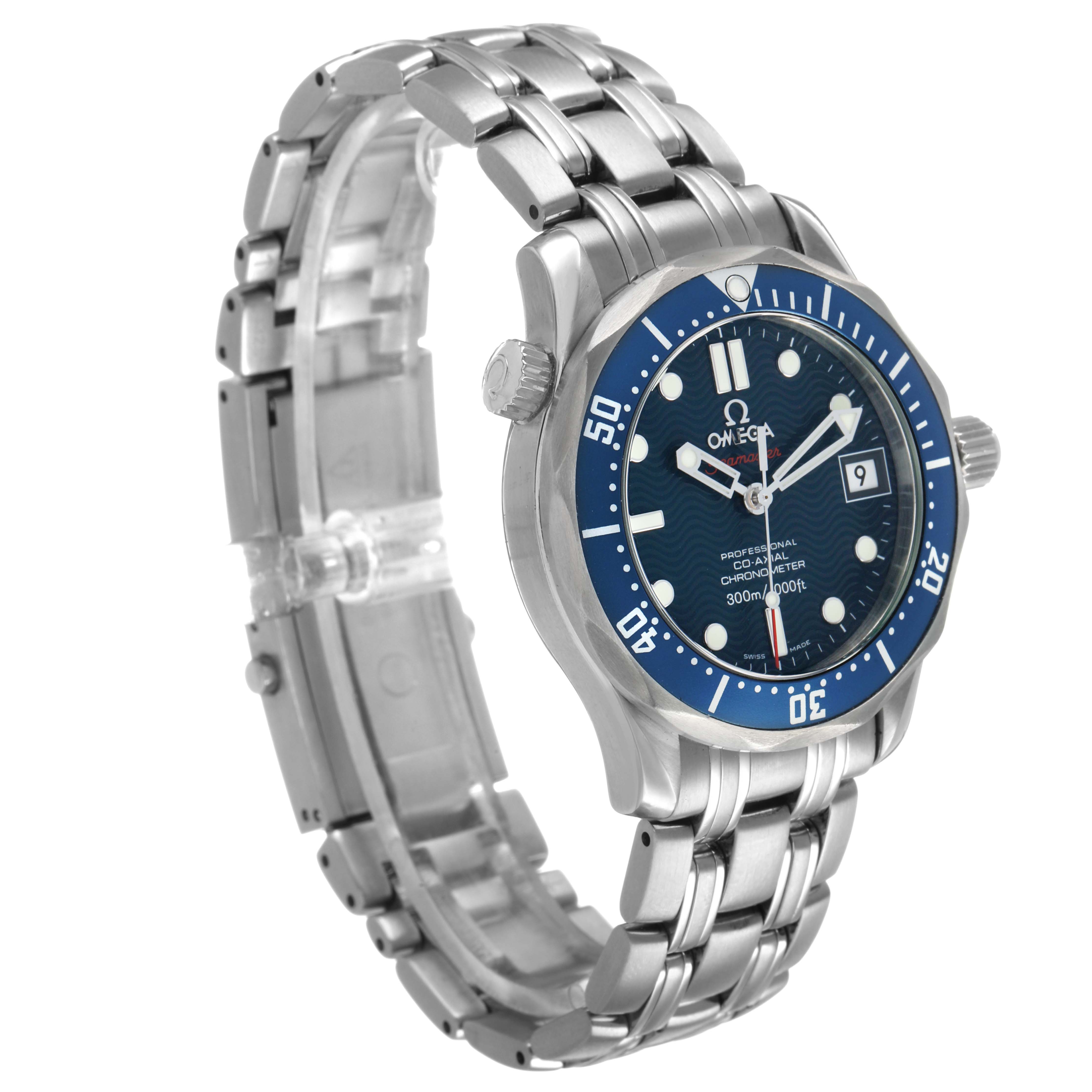 The Omega Seamaster 2222.80.00 Men's Stainless Steel Blue Dial watch is shown at an angle highlighting the dial, bezel, and bracelet.
