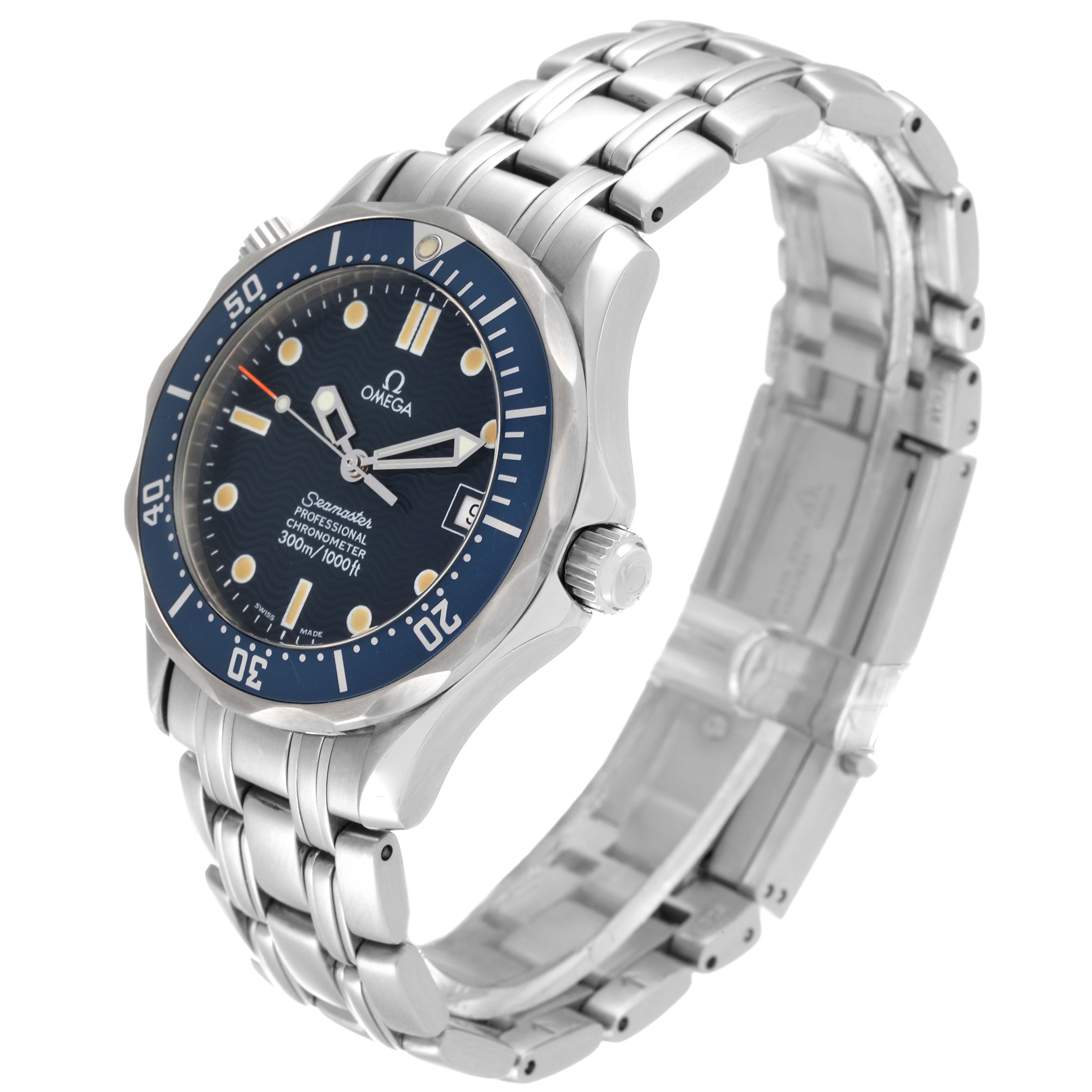 The Omega Seamaster 2551.80.00 Men's Stainless Steel Blue Dial 2551.80.00 Men's Stainless Steel Blue Dial watch is shown at an angle highlighting the face, bezel, crown, and metal bracelet.