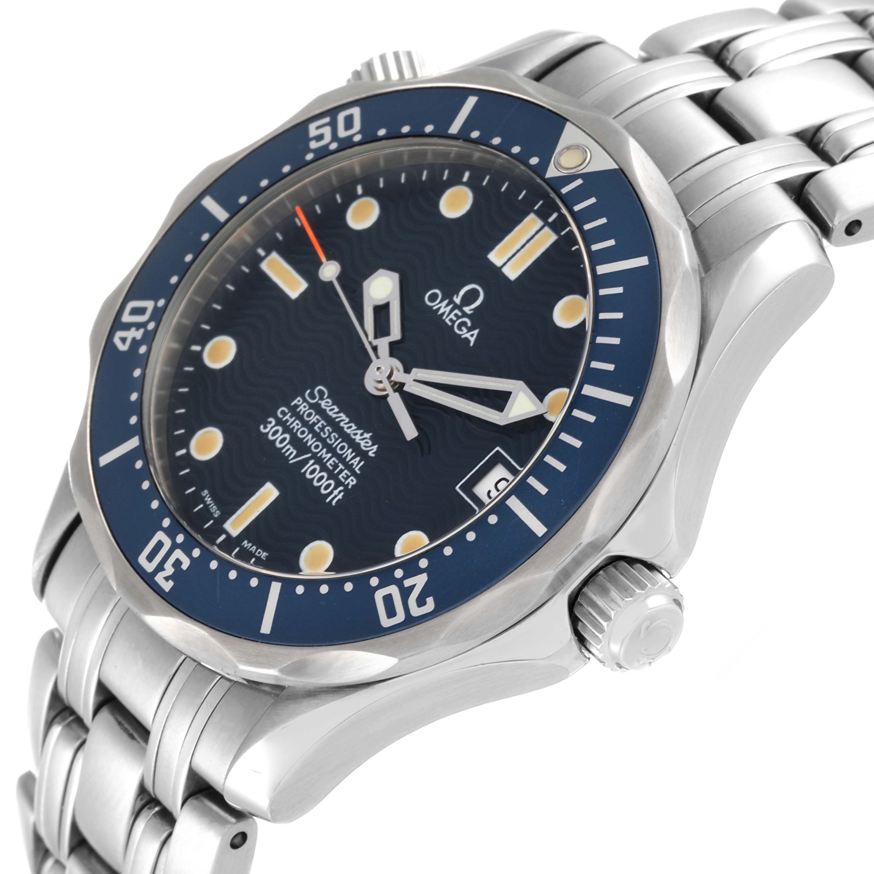 The angle shows a close-up of the Omega Seamaster 2551.80.00 Men's Stainless Steel Blue Dial 2551.80.00 Men's Stainless Steel Blue Dial watch face, bezel, crown, and part of the bracelet.