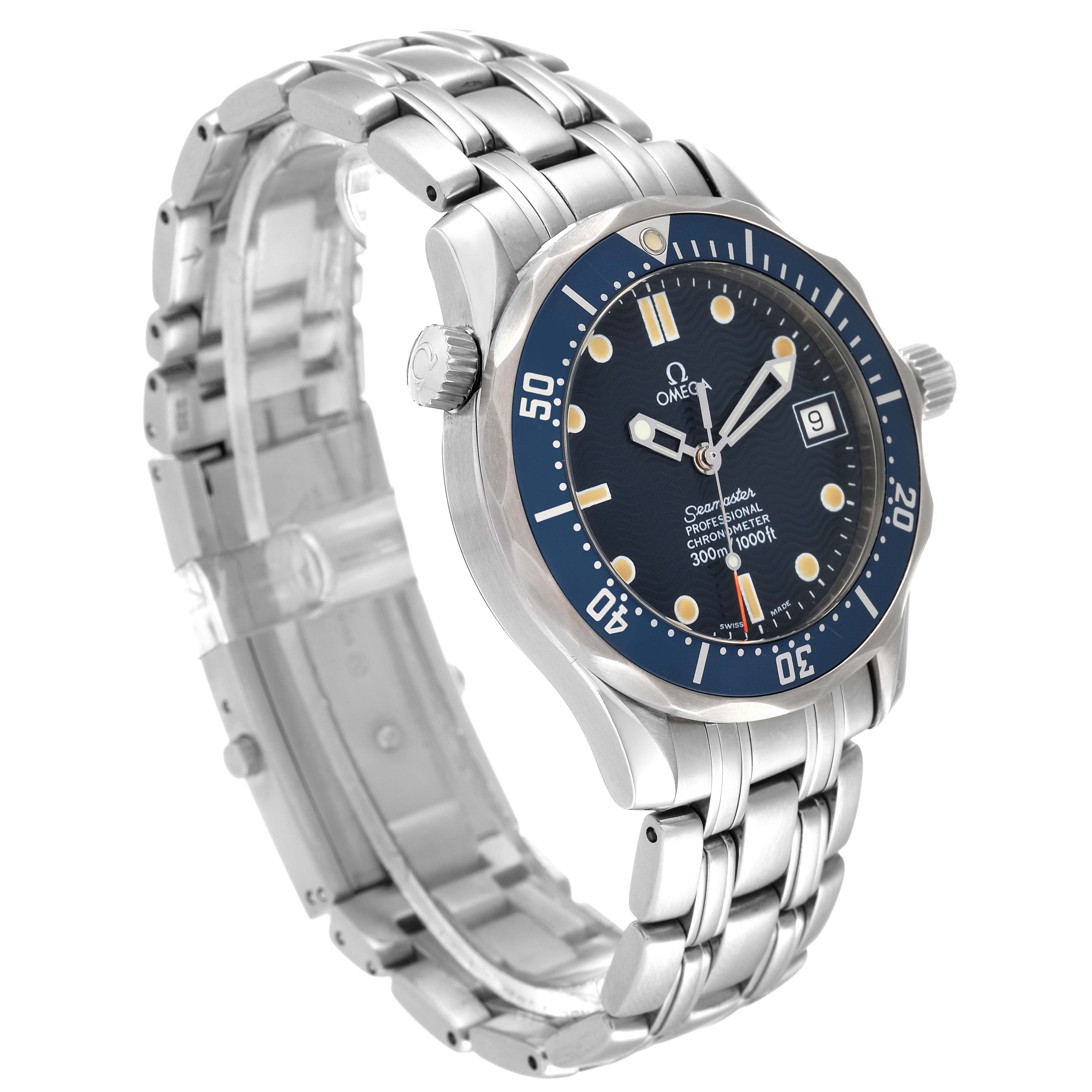 The Omega Seamaster 2551.80.00 Men's Stainless Steel Blue Dial 2551.80.00 Men's Stainless Steel Blue Dial watch is displayed at a three-quarter angle, showing its face, bracelet, bezel, and side crown.