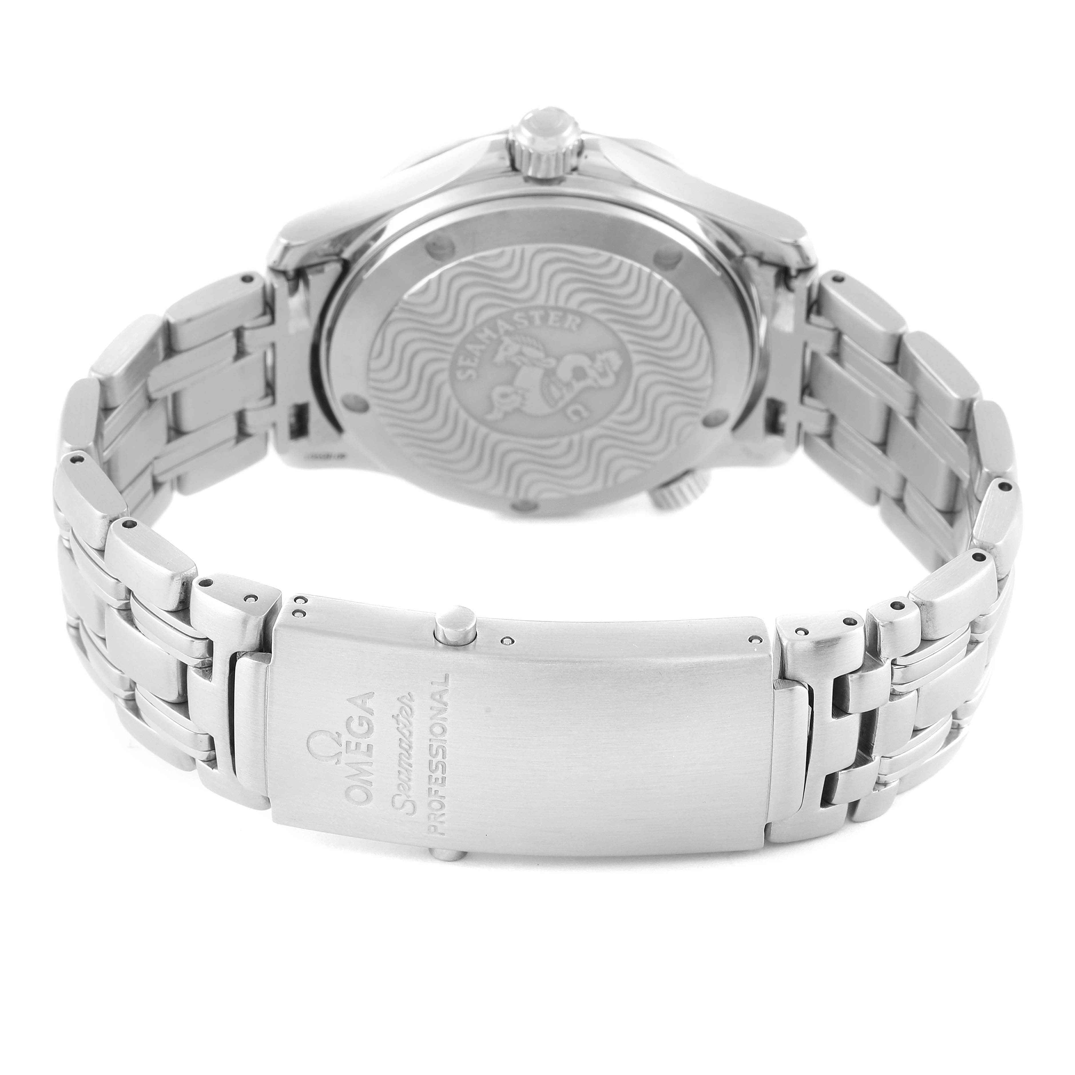 The image shows the back case and metal bracelet of an Omega Seamaster 2551.80.00 Men's Stainless Steel Blue Dial 2551.80.00 Men's Stainless Steel Blue Dial watch from a rear angle.