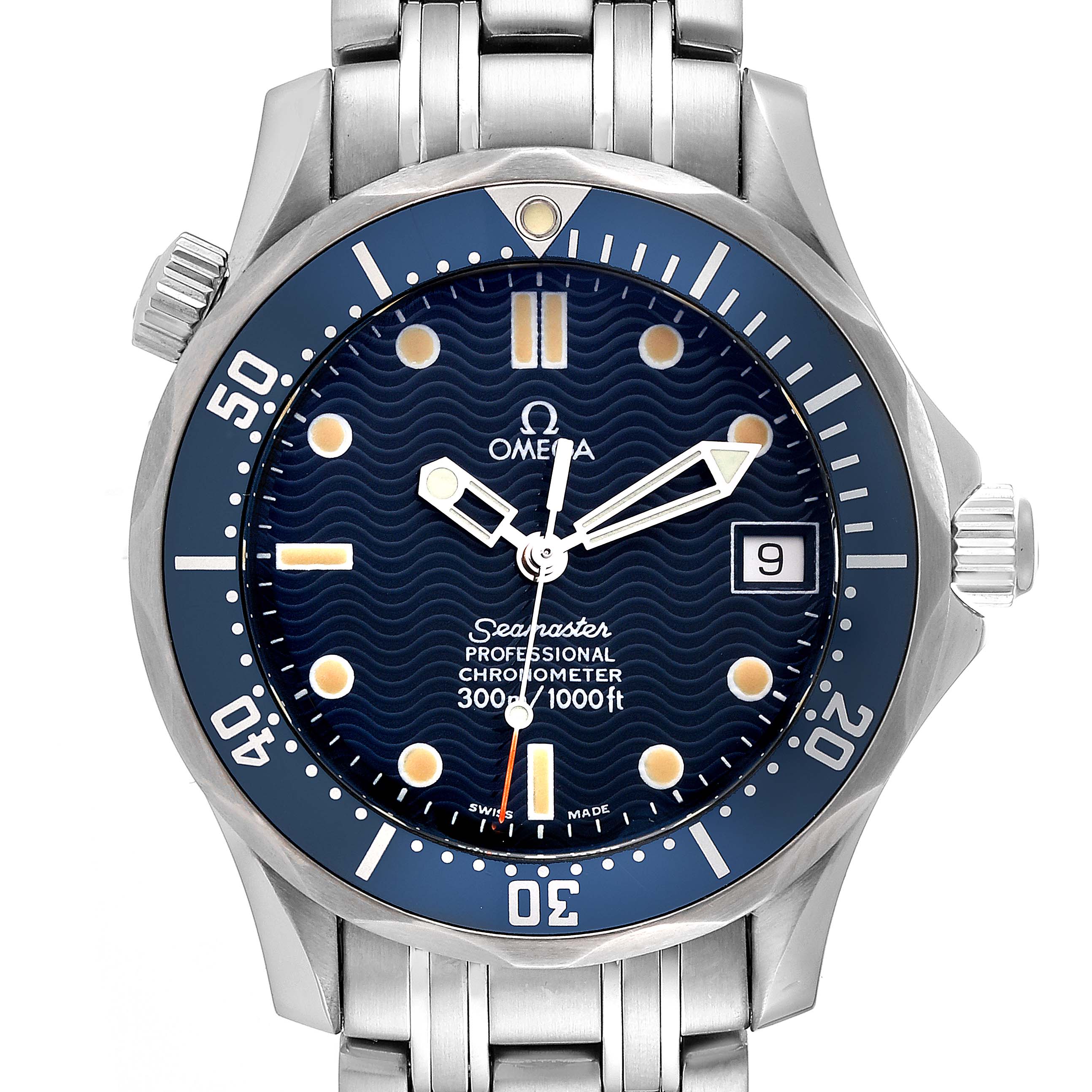 The Omega Seamaster 2551.80.00 Men's Stainless Steel Blue Dial 2551.80.00 Men's Stainless Steel Blue Dial watch is shown from a front angle, displaying the face, bezel, and part of the bracelet.