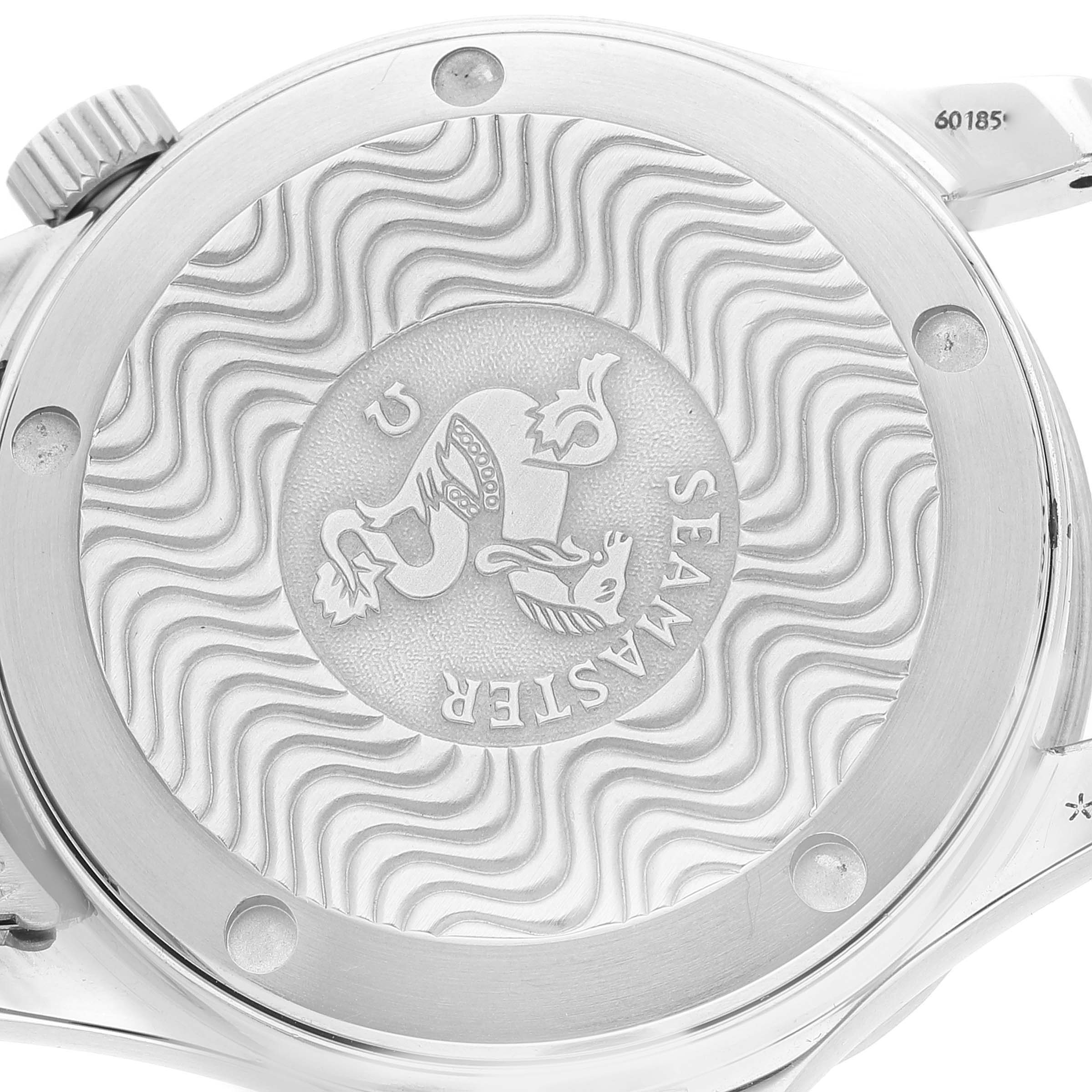 The image shows the back case of the Omega Seamaster 2551.80.00 Men's Stainless Steel Blue Dial 2551.80.00 Men's Stainless Steel Blue Dial watch, highlighting its engraved logo and wave pattern design.