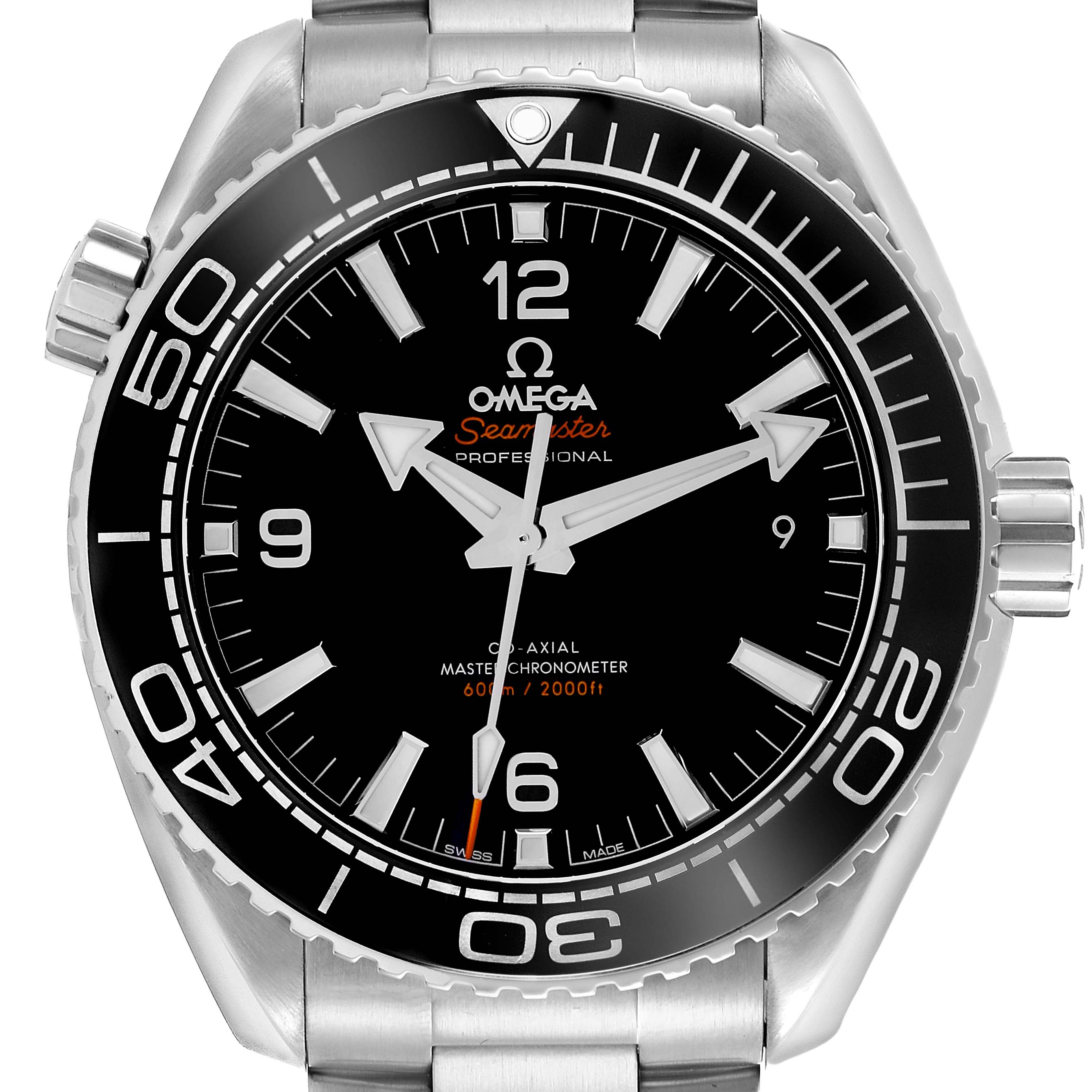 The Omega Planet Ocean 215.30.44.21.01.001 Men
s Stainless Steel Black Dial 215.30.44.21.01.001 Men
s Stainless Steel Black Dial watch is shown from a front angle, displaying its dial, bezel, and bracelet links.