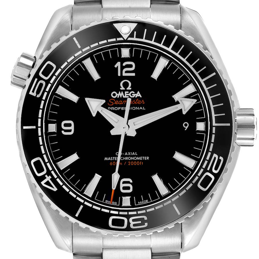 The Omega Planet Ocean watch is shown from a front angle, displaying its dial, bezel, and bracelet links.