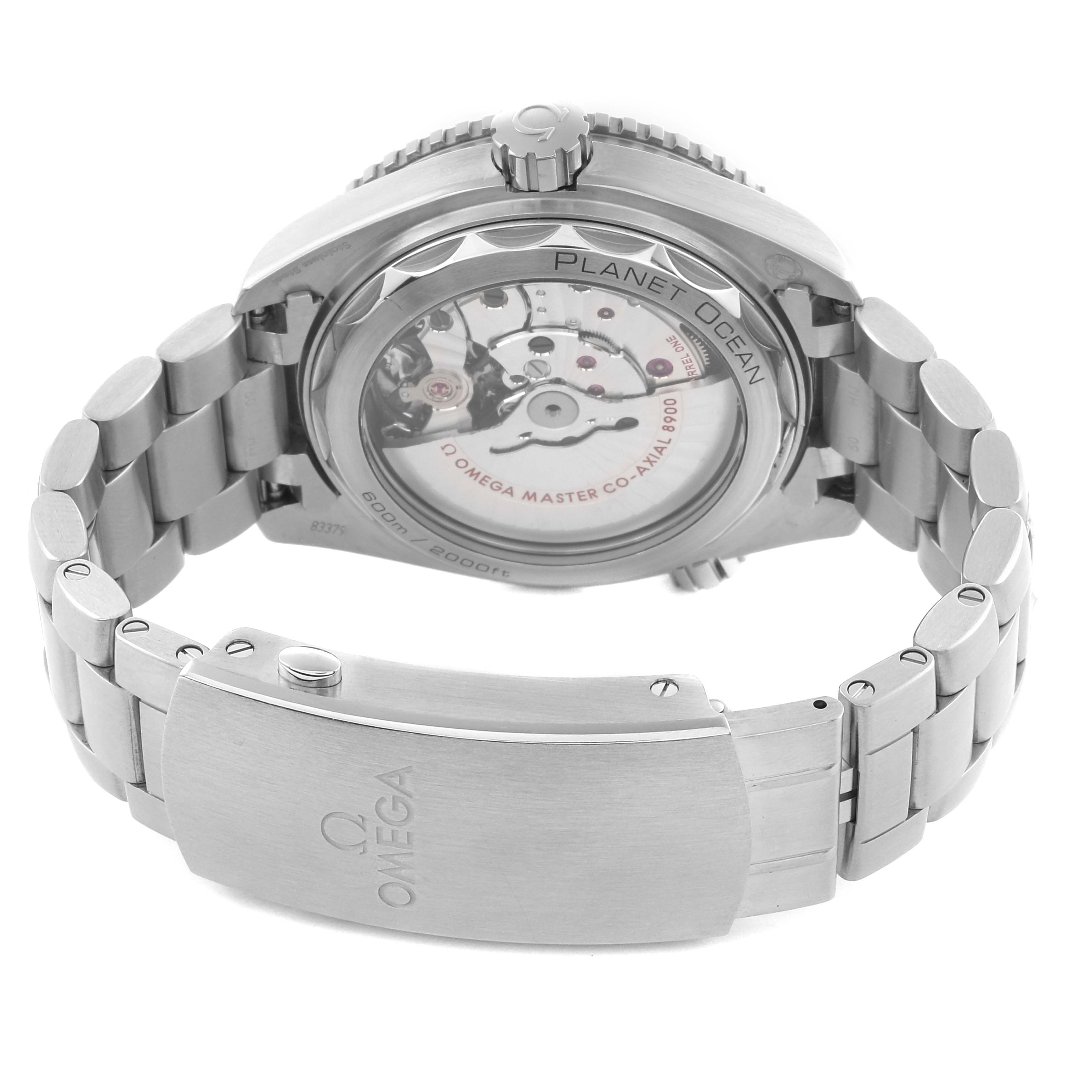 The Omega Planet Ocean 215.30.44.21.01.001 Men
s Stainless Steel Black Dial 215.30.44.21.01.001 Men
s Stainless Steel Black Dial watch is shown from the back, displaying its open caseback and metal bracelet.