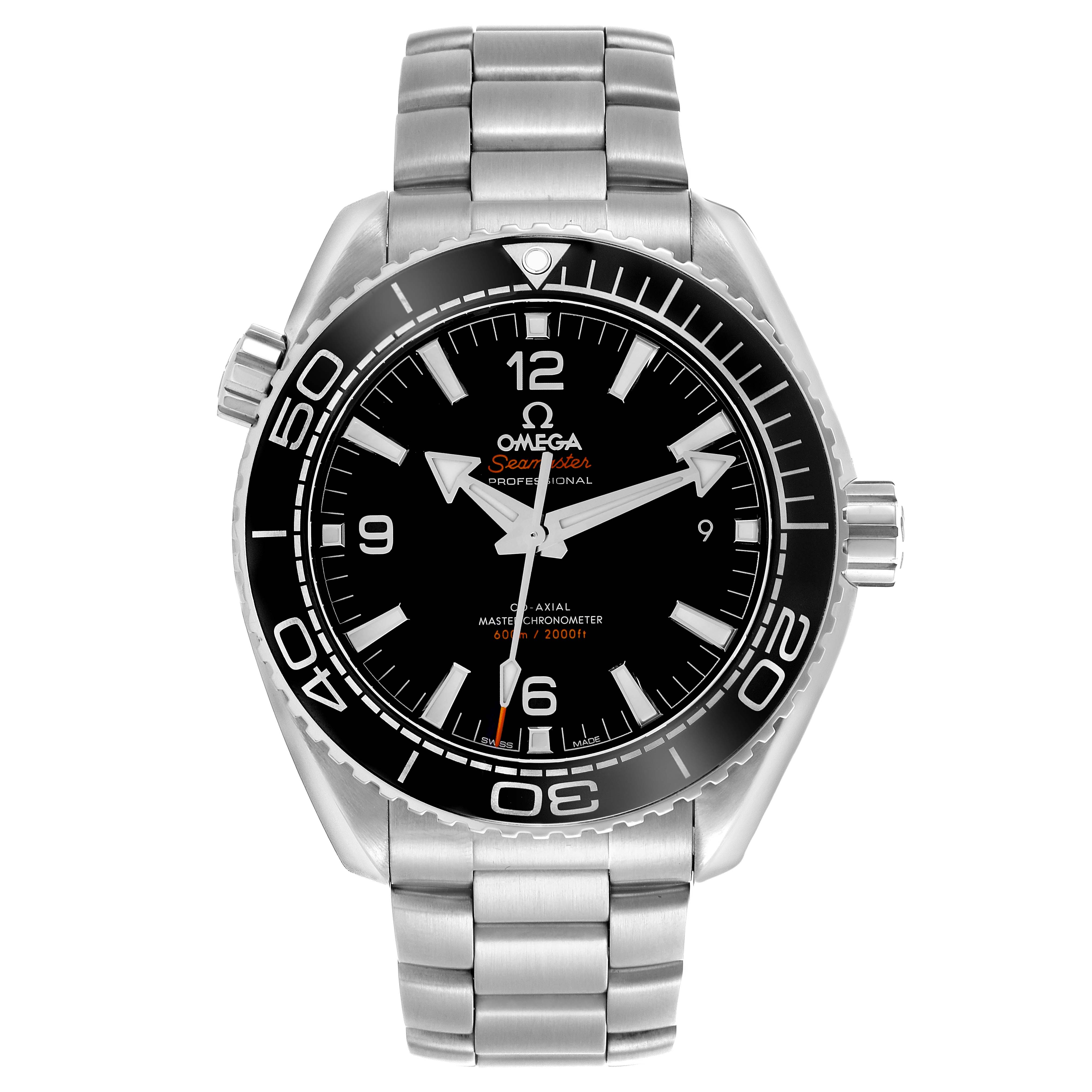 The Omega Planet Ocean 215.30.44.21.01.001 Men
s Stainless Steel Black Dial 215.30.44.21.01.001 Men
s Stainless Steel Black Dial watch is shown from a front angle, displaying the face, bezel, and part of the bracelet.