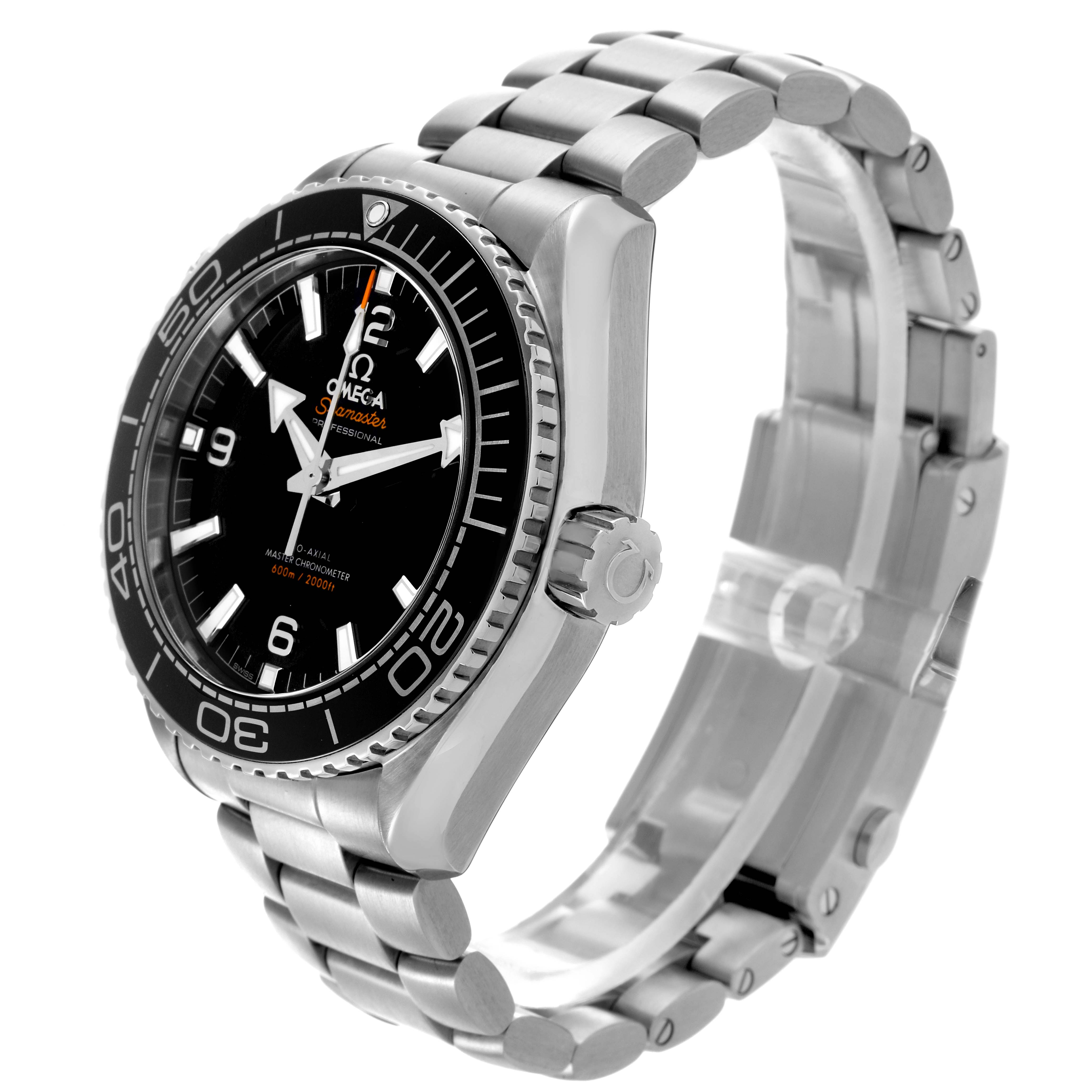 The Omega Planet Ocean 215.30.44.21.01.001 Men
s Stainless Steel Black Dial 215.30.44.21.01.001 Men
s Stainless Steel Black Dial watch is shown at a three-quarter angle displaying the face, bezel, crown, and bracelet.