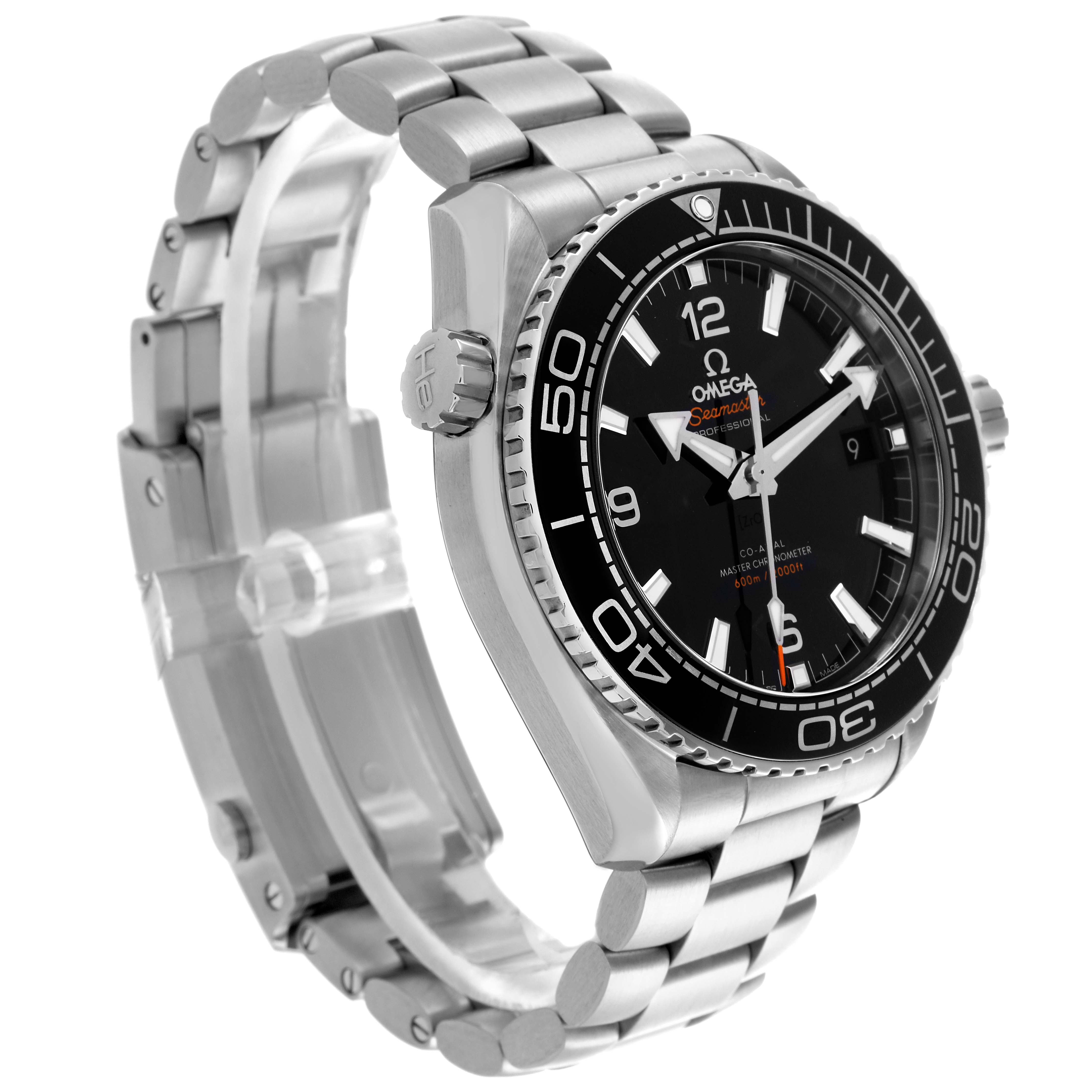 The Omega Planet Ocean 215.30.44.21.01.001 Men
s Stainless Steel Black Dial 215.30.44.21.01.001 Men
s Stainless Steel Black Dial watch is shown at an angle highlighting the bezel, dial, crown, and bracelet.