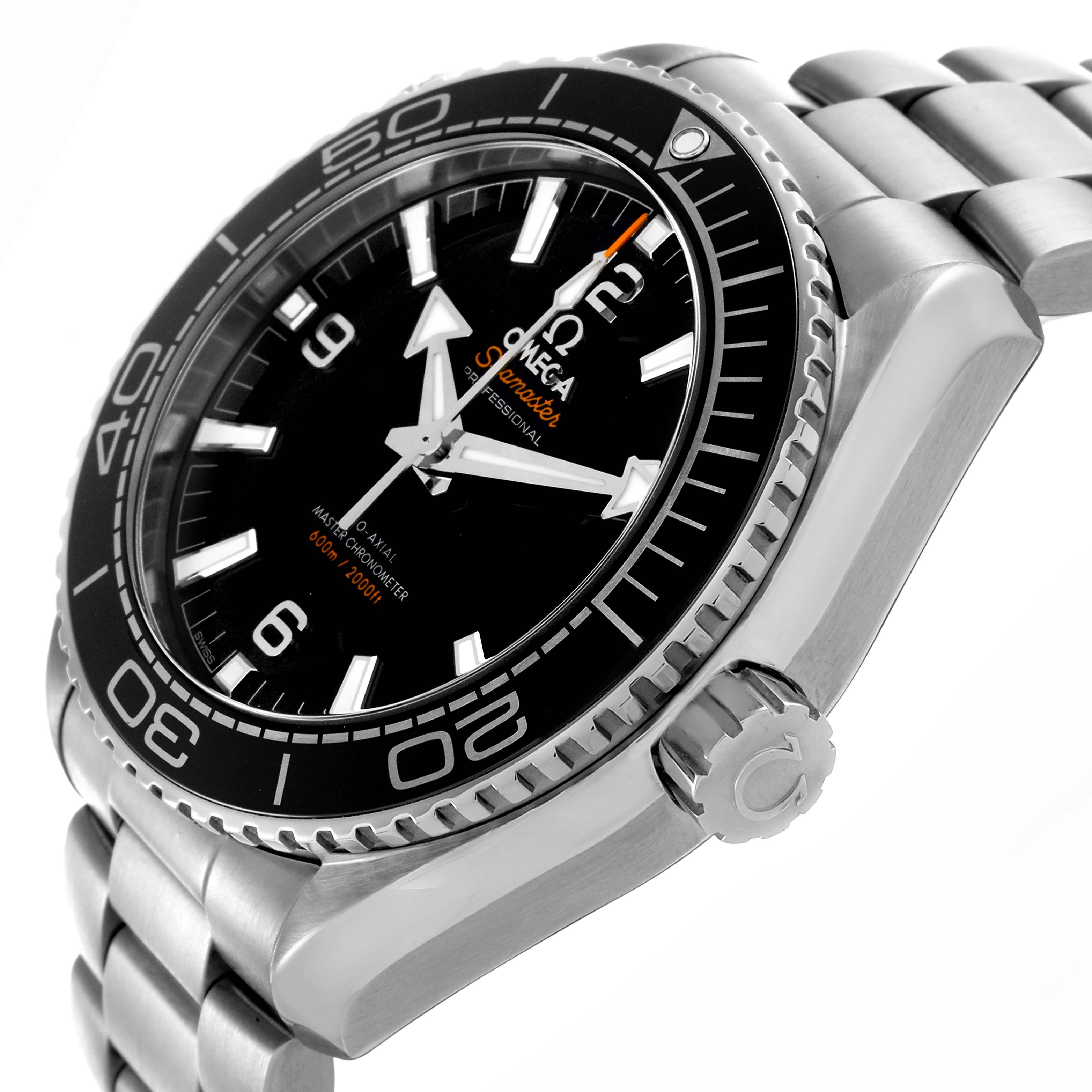 The Omega Planet Ocean 215.30.44.21.01.001 Men
s Stainless Steel Black Dial 215.30.44.21.01.001 Men
s Stainless Steel Black Dial watch is shown from a three-quarter angle, highlighting the face, bezel, crown, and bracelet.