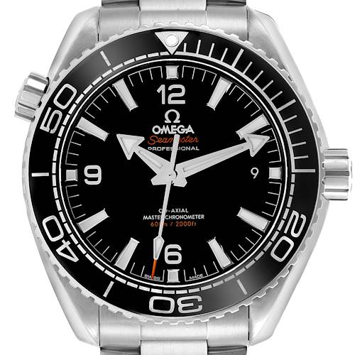 The Omega Planet Ocean watch is shown from a front view, highlighting its bezel, crown, and face details.