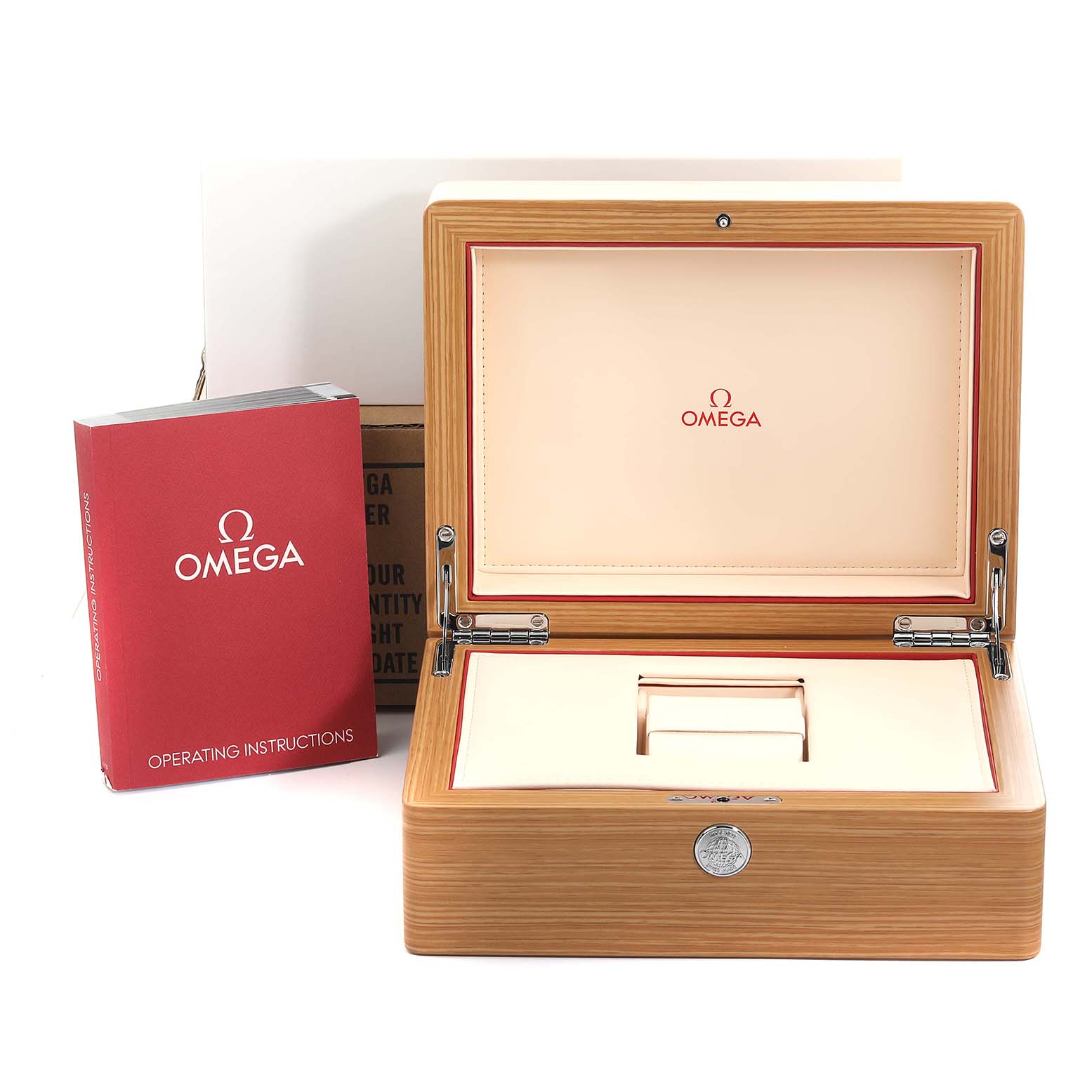 The image shows an open wooden box for the Omega Planet Ocean 215.30.44.21.01.001 Men
s Stainless Steel Black Dial 215.30.44.21.01.001 Men
s Stainless Steel Black Dial watch, along with a red operating instructions booklet.