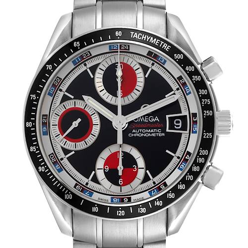 The Omega Seamaster watch is shown from the front, highlighting its dial, tachymeter bezel, and bracelet.