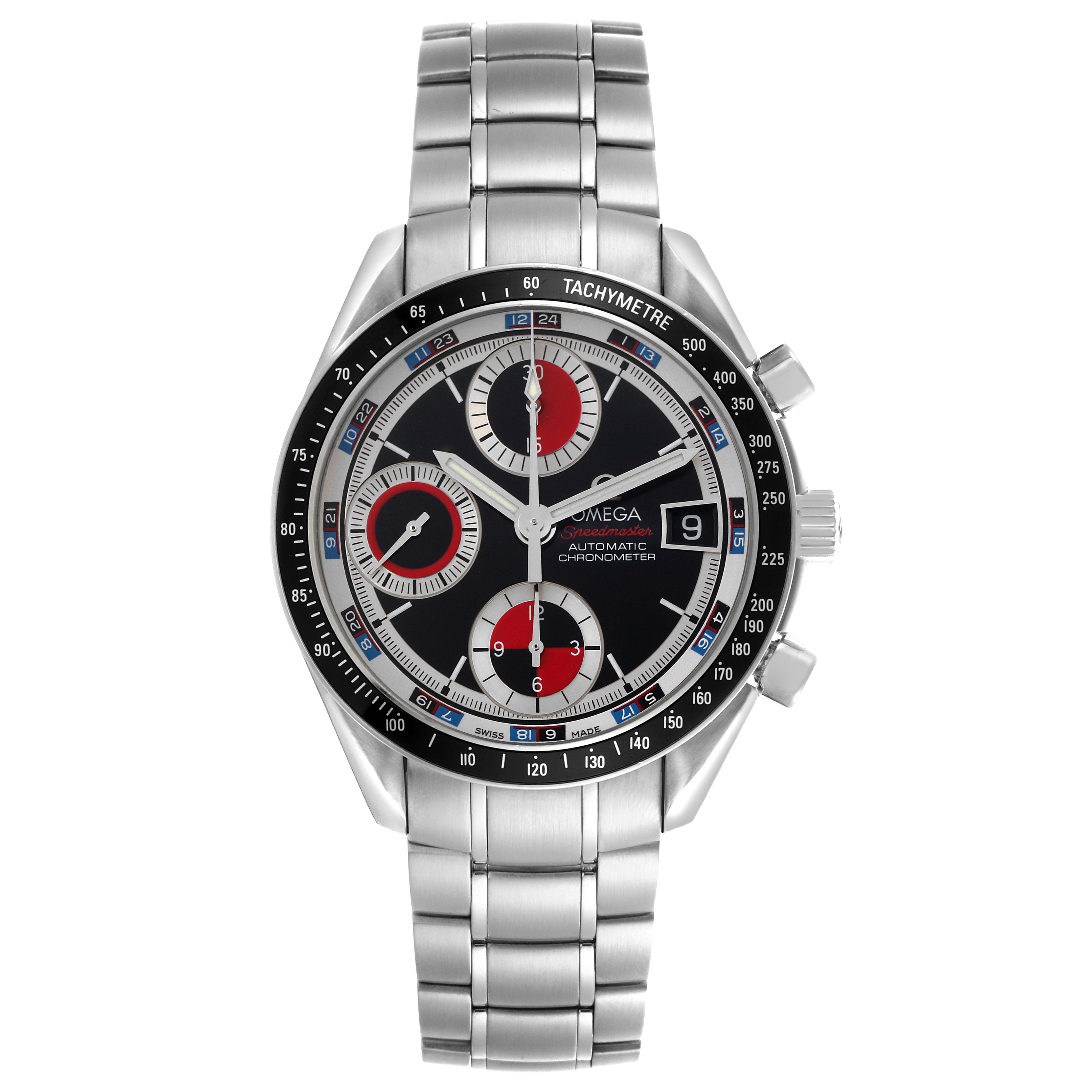 The Omega Seamaster 3210.52.00 Men
s Stainless Steel Black Dial 3210.52.00 Men
s Stainless Steel Black Dial watch is shown from the front, displaying its face, bezel, chronograph subdials, and stainless steel bracelet.