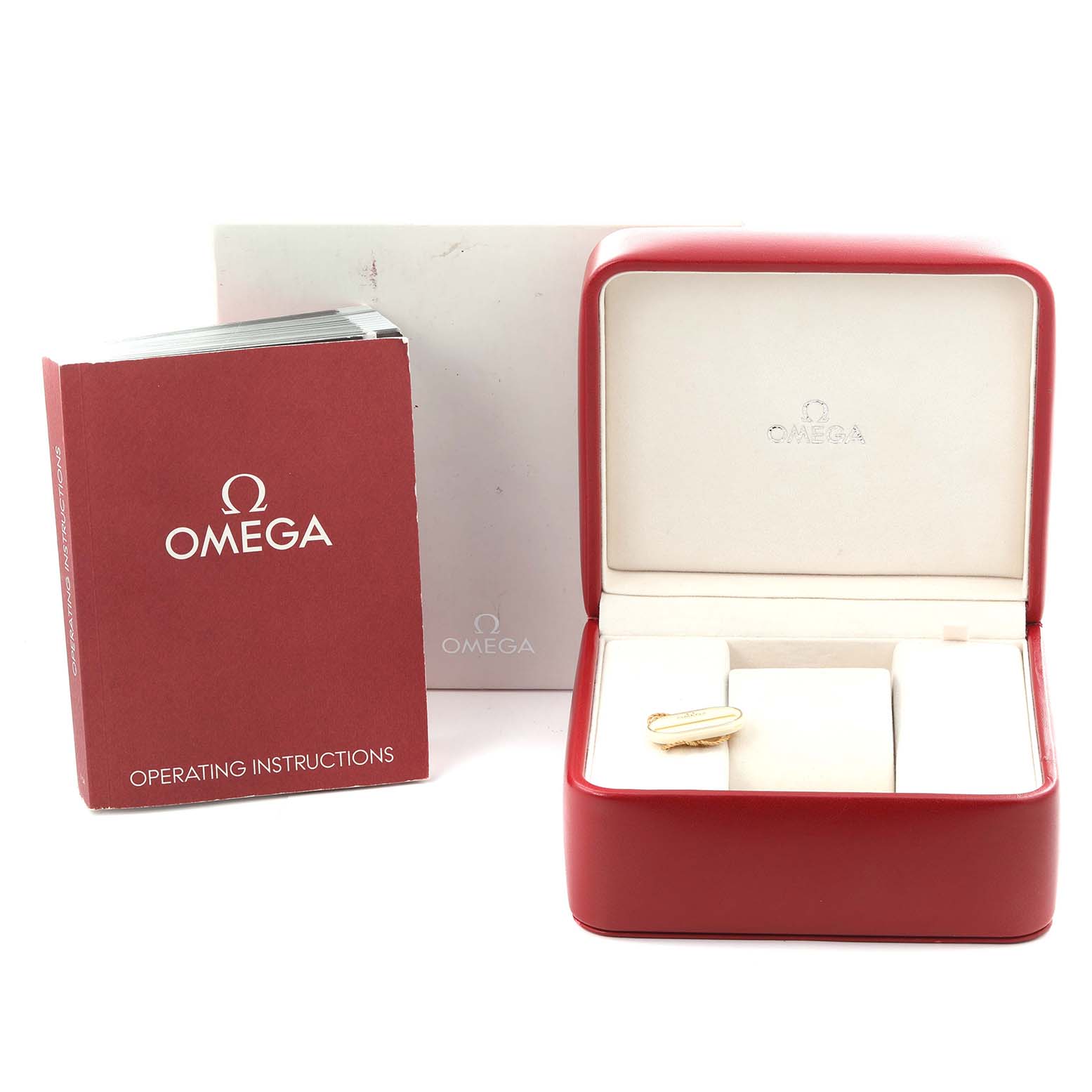 The image shows an Omega Seamaster 3210.52.00 Men
s Stainless Steel Black Dial 3210.52.00 Men
s Stainless Steel Black Dial red box, an instruction manual, and an outer box, all viewed from the front.