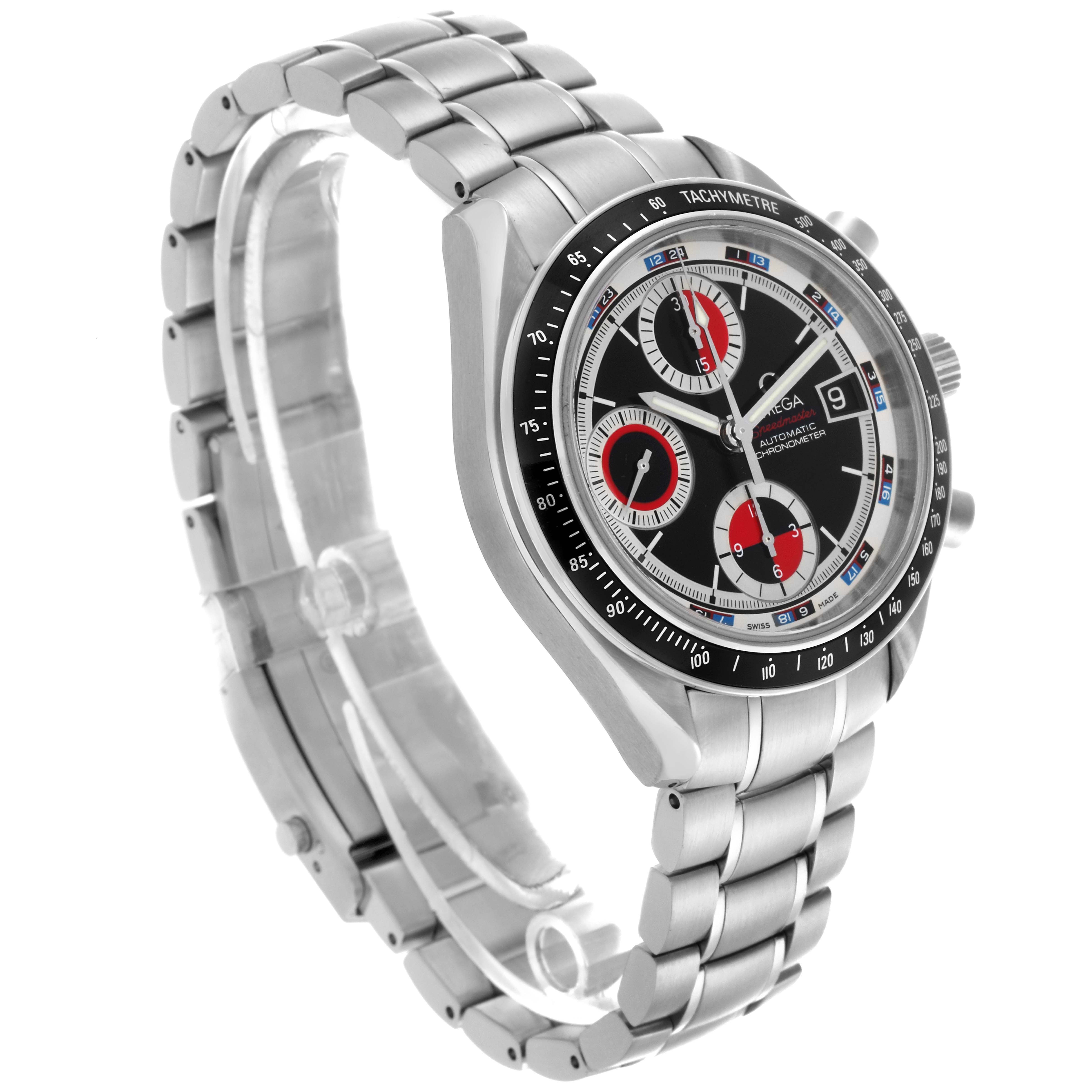 The Omega Seamaster 3210.52.00 Men
s Stainless Steel Black Dial 3210.52.00 Men
s Stainless Steel Black Dial watch is shown at a three-quarter angle, highlighting its face, subdials, and bracelet.