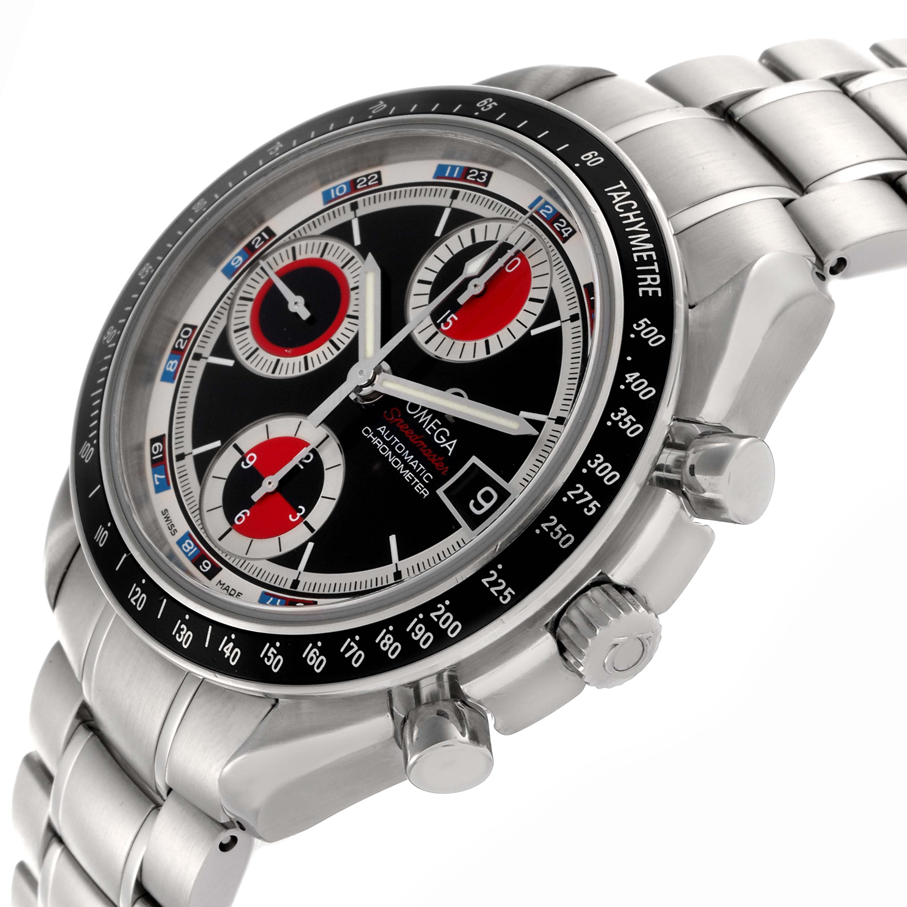 The Omega Seamaster 3210.52.00 Men
s Stainless Steel Black Dial 3210.52.00 Men
s Stainless Steel Black Dial is shown from a front-side angle, highlighting the dial, bezel, subdials, and bracelet.