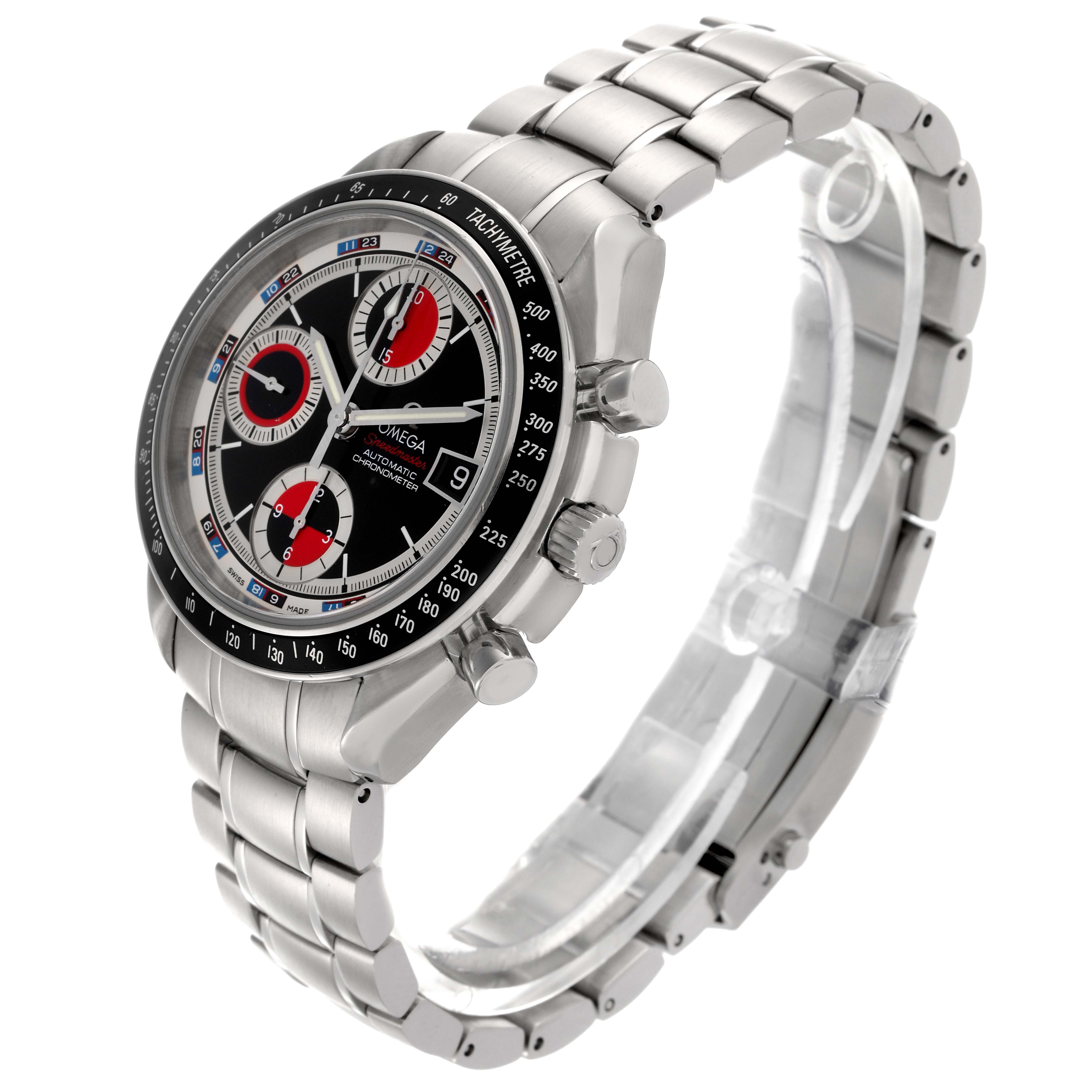 The Omega Seamaster 3210.52.00 Men
s Stainless Steel Black Dial 3210.52.00 Men
s Stainless Steel Black Dial watch is shown from a three-quarter angle, displaying the dial, bezel, case, side buttons, and bracelet.