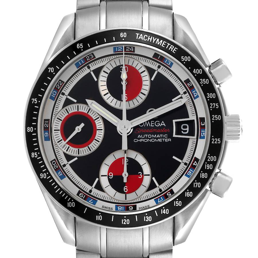 The Omega Seamaster is shown from the front, displaying the dial, subdials, tachymeter, and stainless steel bracelet.