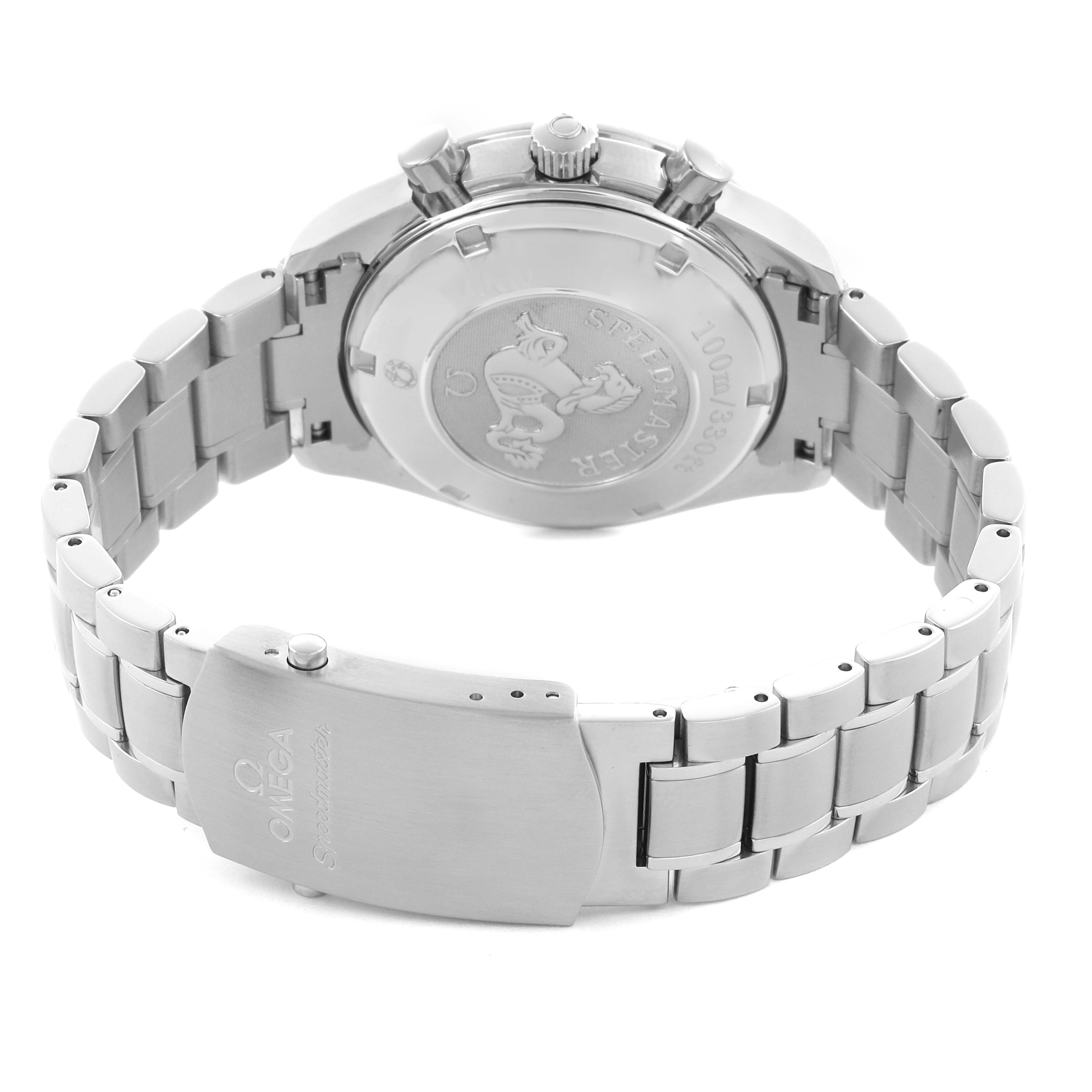 The image shows the back and bracelet clasp of an Omega Seamaster 3210.52.00 Men
s Stainless Steel Black Dial 3210.52.00 Men
s Stainless Steel Black Dial watch at a slight angle.