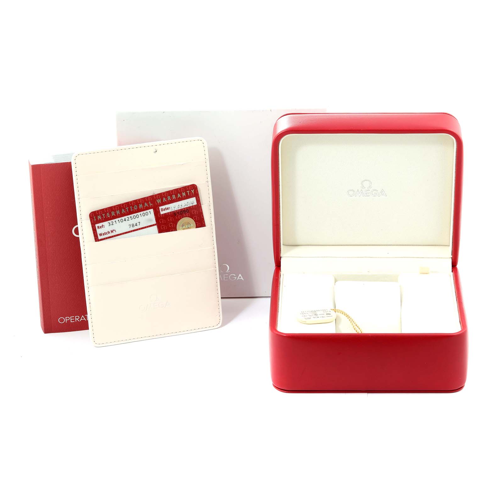 The image shows the Omega Speedmaster 321.10.42.50.01.001 Men
s Stainless Steel Black Dial 321.10.42.50.01.001 Men
s Stainless Steel Black Dial
s box, manual, and warranty card holder.