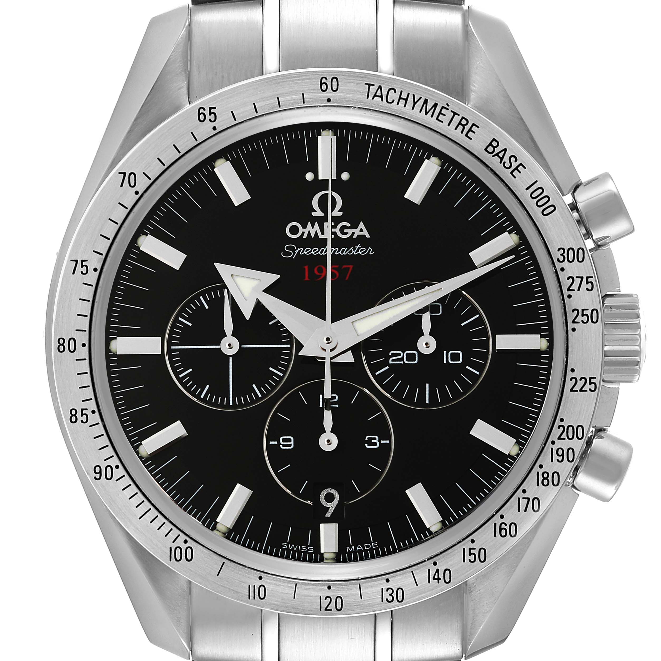 The Omega Speedmaster 321.10.42.50.01.001 Men
s Stainless Steel Black Dial 321.10.42.50.01.001 Men
s Stainless Steel Black Dial watch is shown from a front angle, displaying its black dial, tachymeter bezel, and chronograph sub-dials.