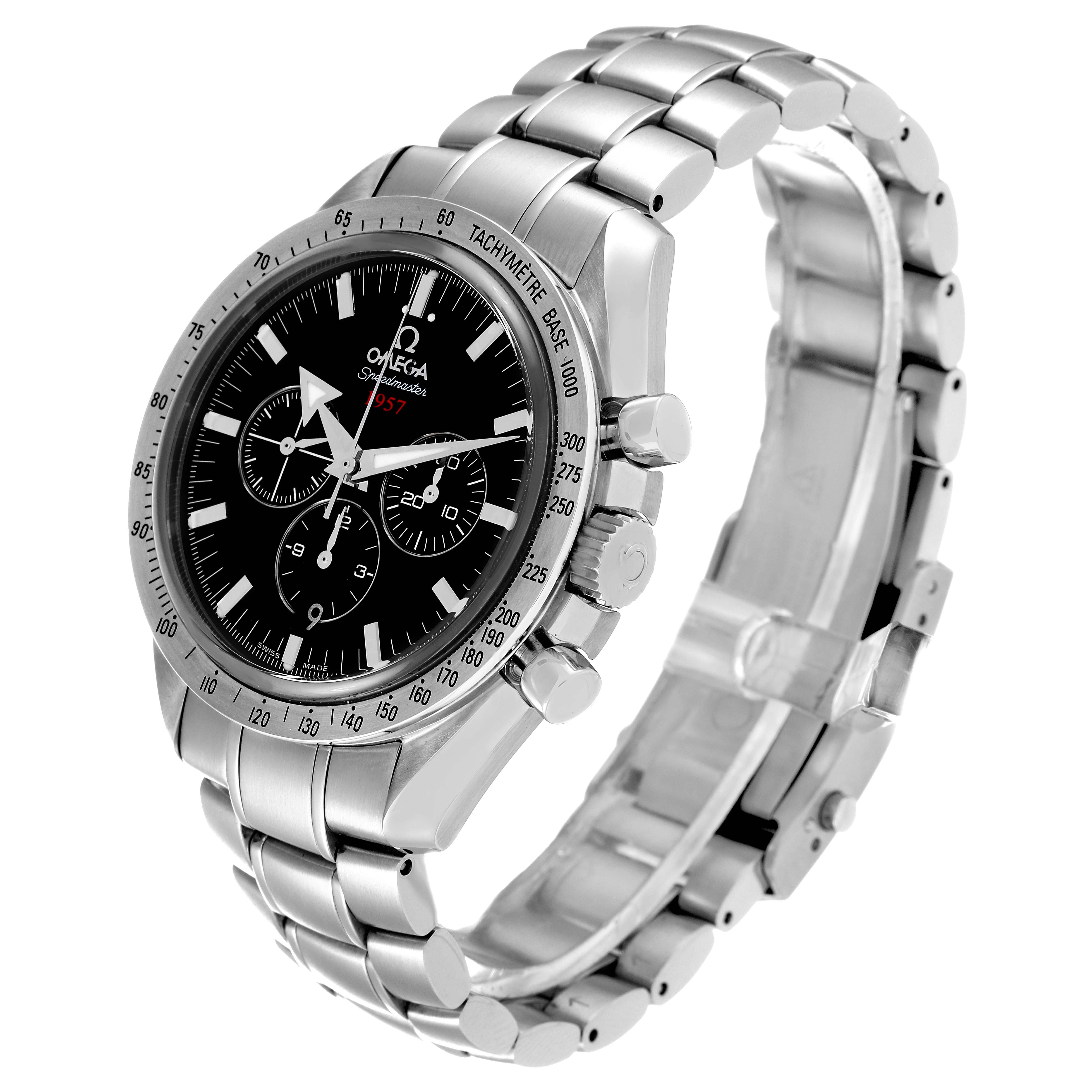 The Omega Speedmaster 321.10.42.50.01.001 Men
s Stainless Steel Black Dial 321.10.42.50.01.001 Men
s Stainless Steel Black Dial watch is shown at a slight angle, displaying its face, bezel, bracelet, and chronograph pushers.
