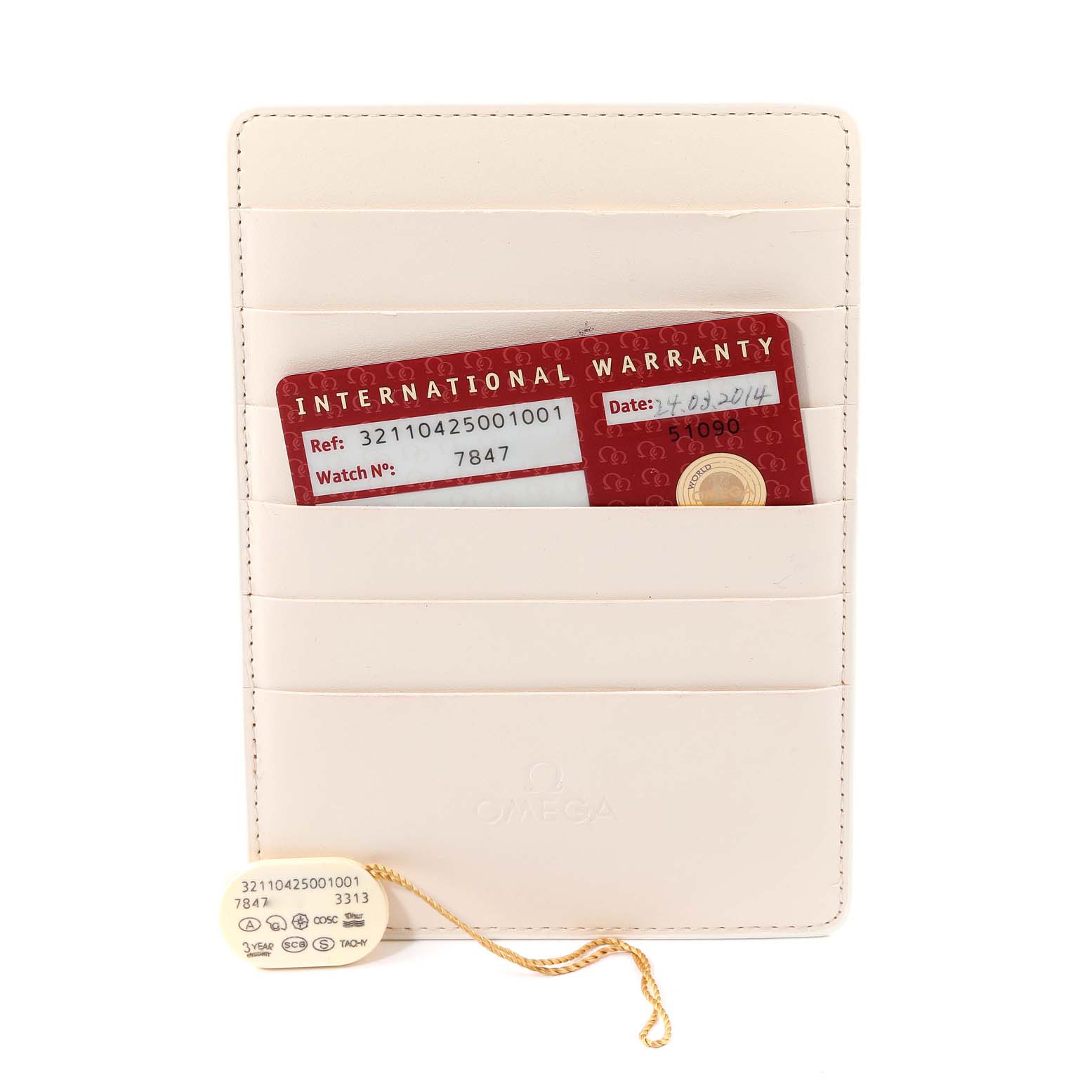 The image shows an Omega Speedmaster 321.10.42.50.01.001 Men
s Stainless Steel Black Dial 321.10.42.50.01.001 Men
s Stainless Steel Black Dial model
s warranty card and tag holder from a front view.