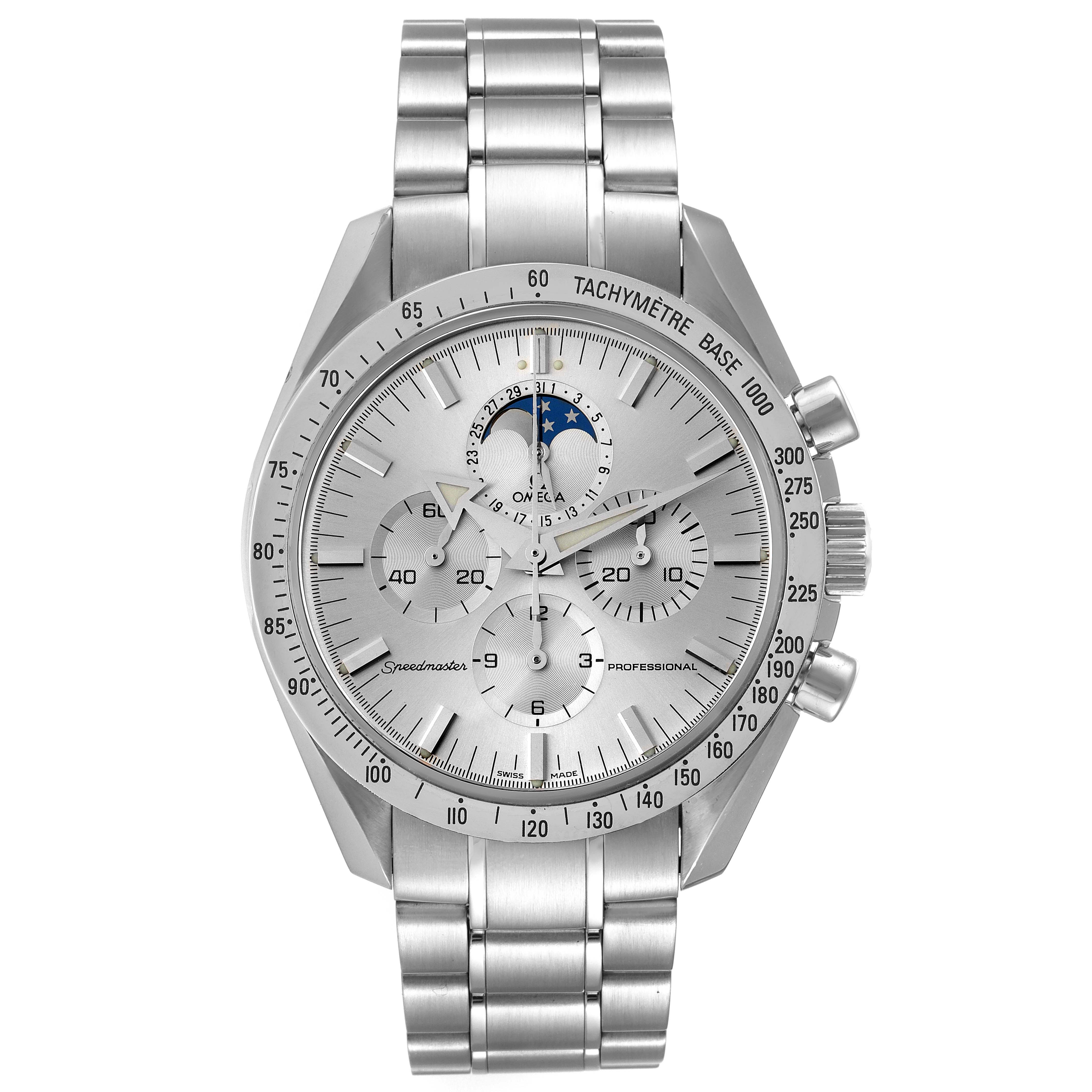The image shows a front view of an Omega Speedmaster 3575.30.00 Men
s Stainless Steel Silver Dial 3575.30.00 Men
s Stainless Steel Silver Dial watch, displaying its dial, hands, subdials, tachymeter bezel, and stainless steel band.