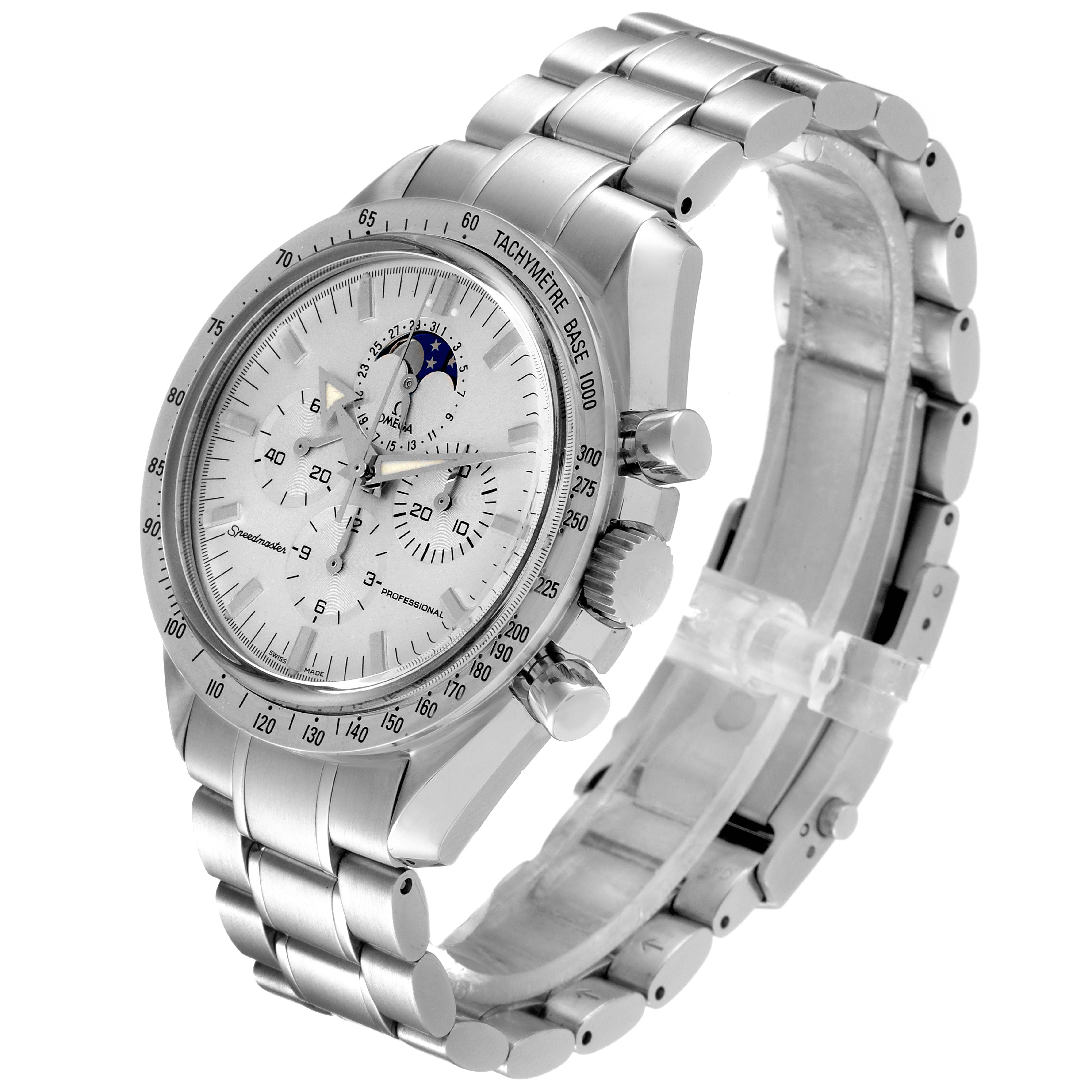 The Omega Speedmaster 3575.30.00 Men
s Stainless Steel Silver Dial 3575.30.00 Men
s Stainless Steel Silver Dial watch is shown at a three-quarter angle, highlighting its stainless steel case, bracelet, and multiple sub-dials.