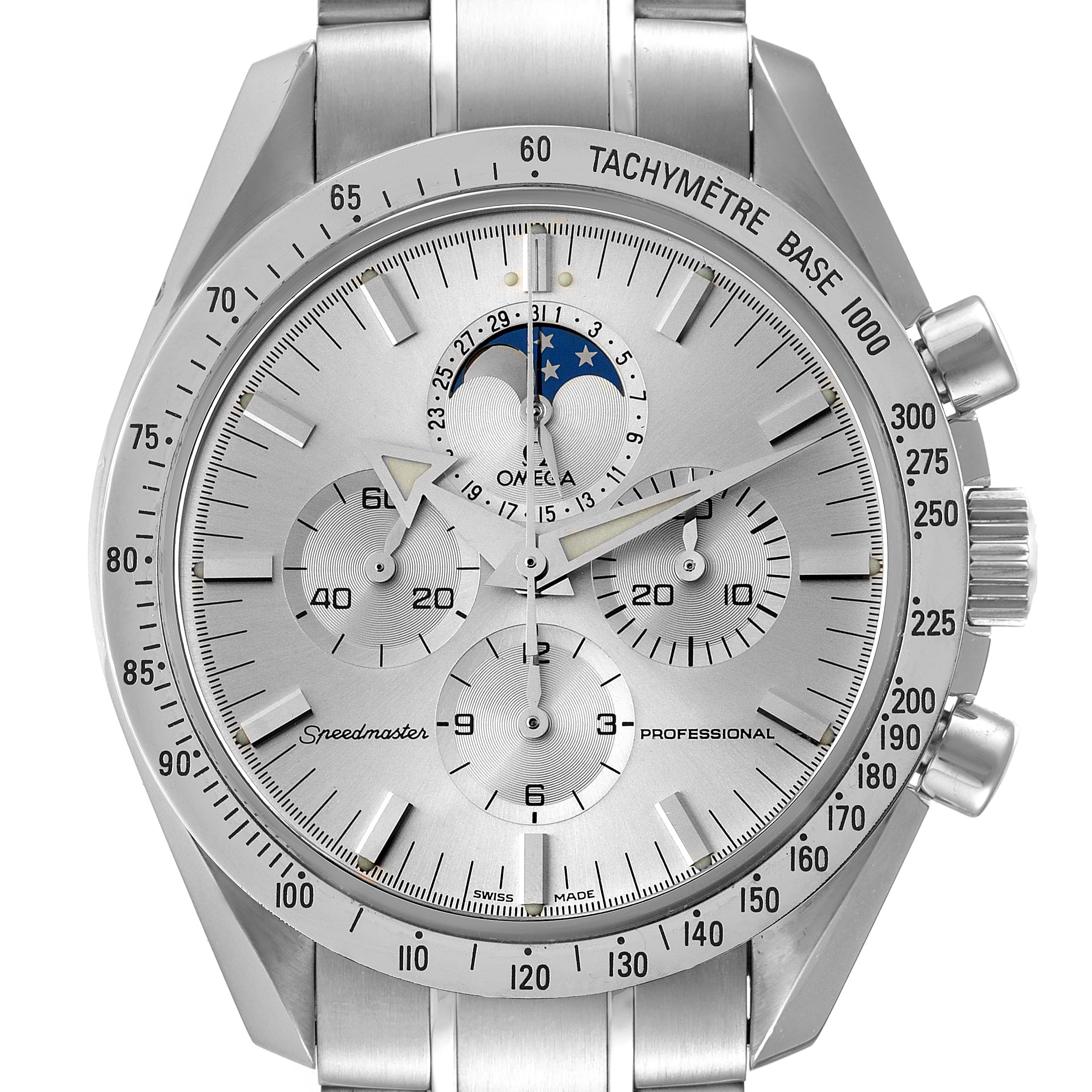 This image shows a front view of an Omega Speedmaster 3575.30.00 Men
s Stainless Steel Silver Dial 3575.30.00 Men
s Stainless Steel Silver Dial watch, featuring multiple subdials and a moon-phase display.