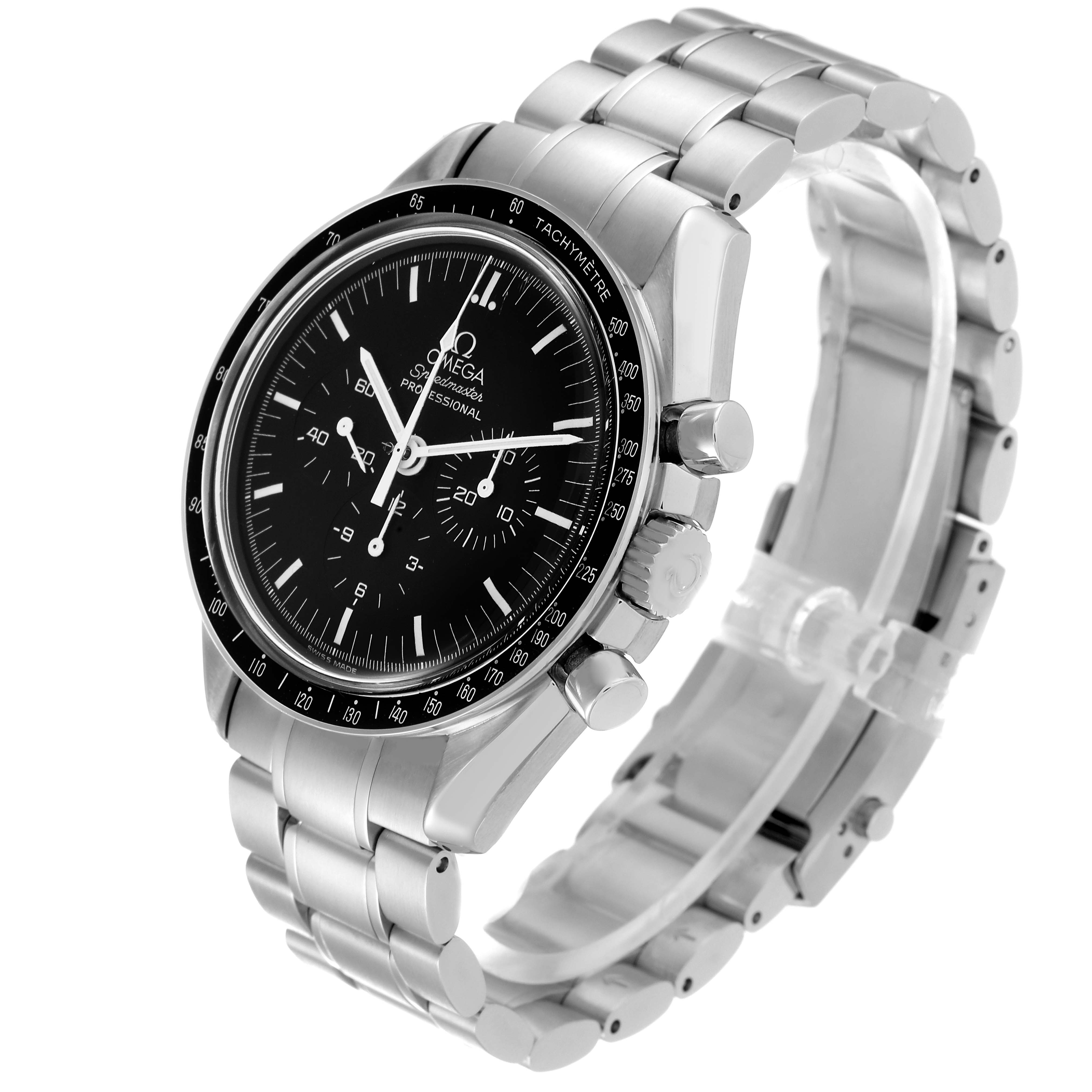 The image shows an angled view of an Omega Speedmaster 3570.50.00 Men
s Stainless Steel Black Dial 3570.50.00 Men
s Stainless Steel Black Dial, highlighting the face, bezel, and stainless steel bracelet.