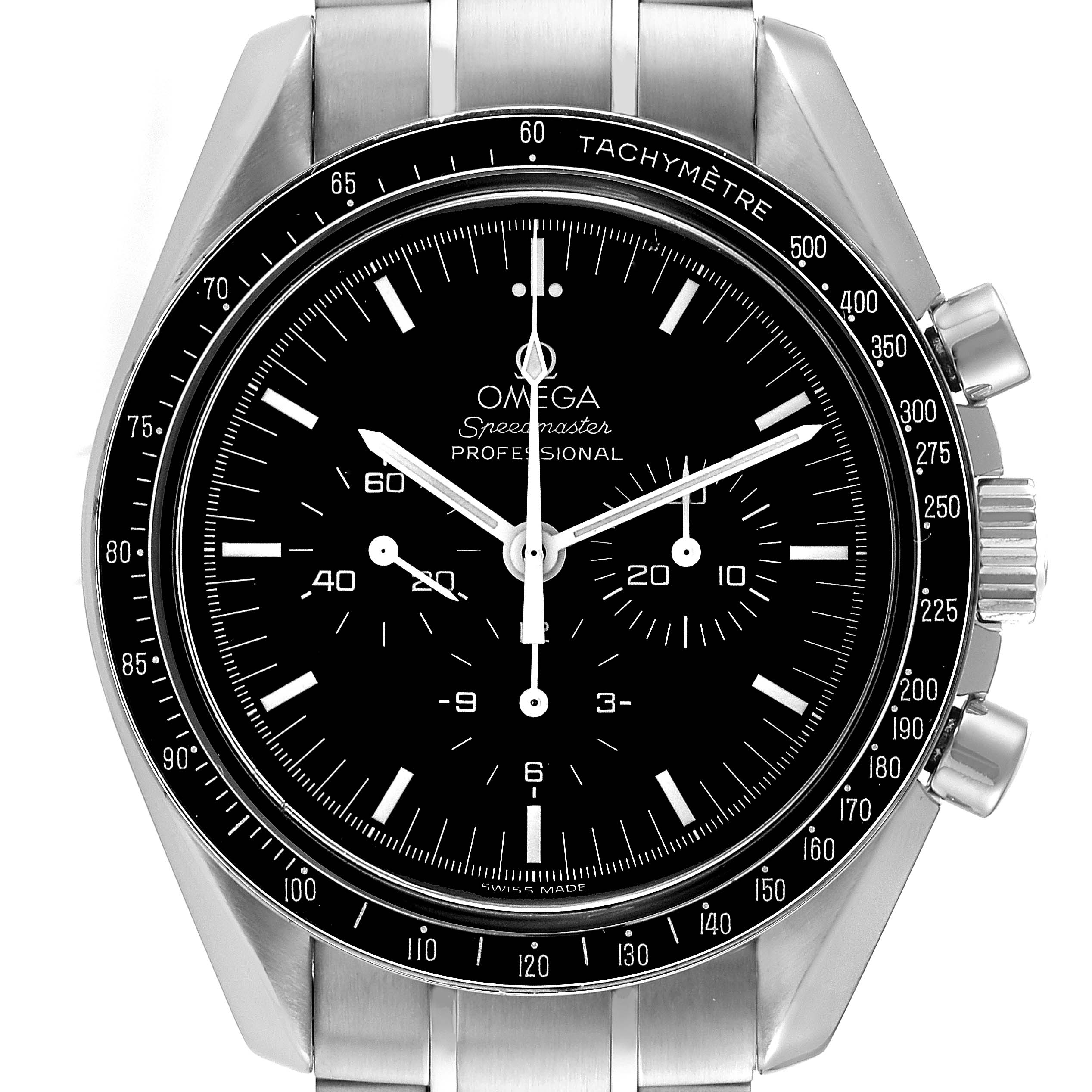 This is a frontal view of the Omega Speedmaster 3570.50.00 Men
s Stainless Steel Black Dial 3570.50.00 Men
s Stainless Steel Black Dial watch, showing the dial, tachymeter bezel, pushers, and crown.